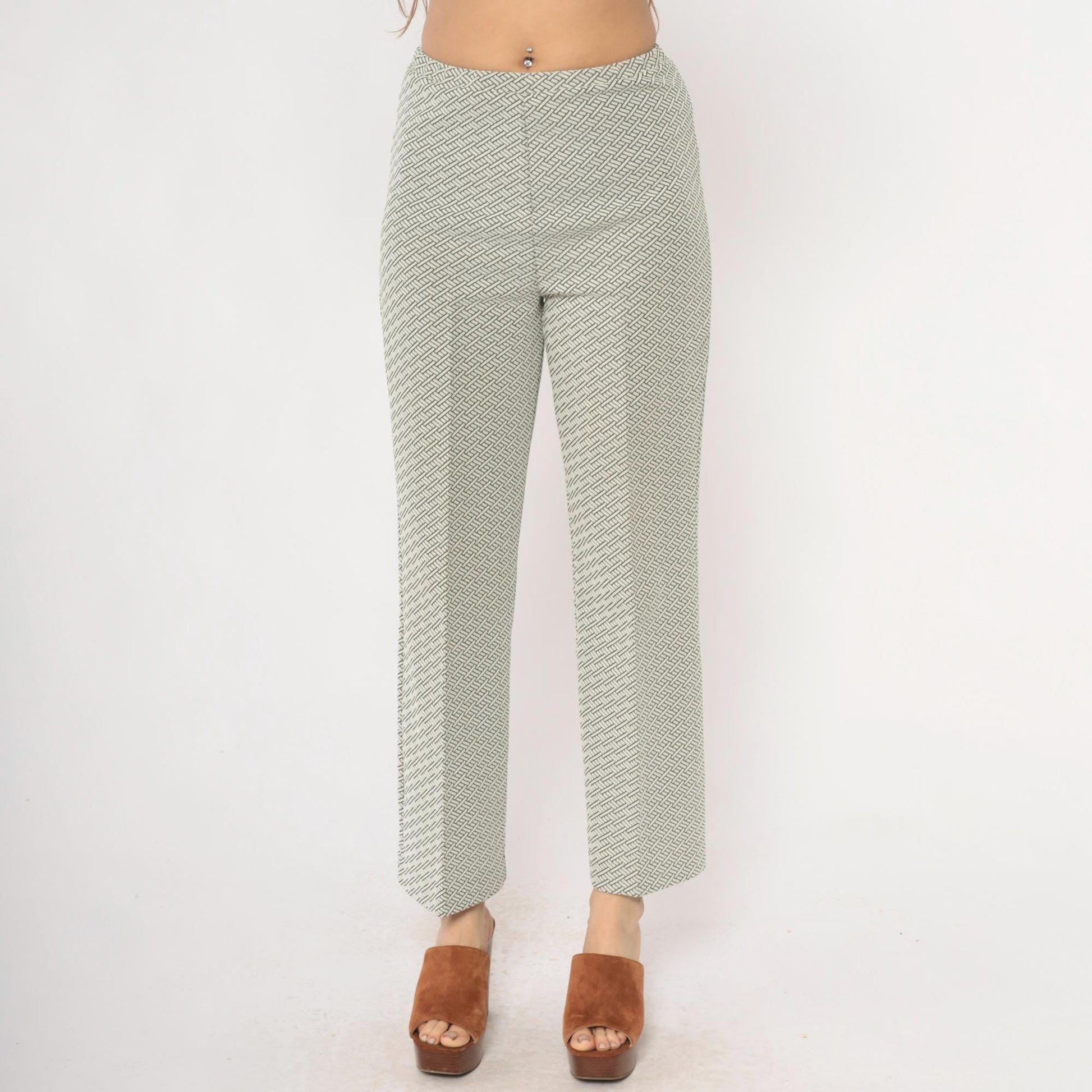 70s Geometric Basketweave Straight Leg Pants Cream Black High Waist Small