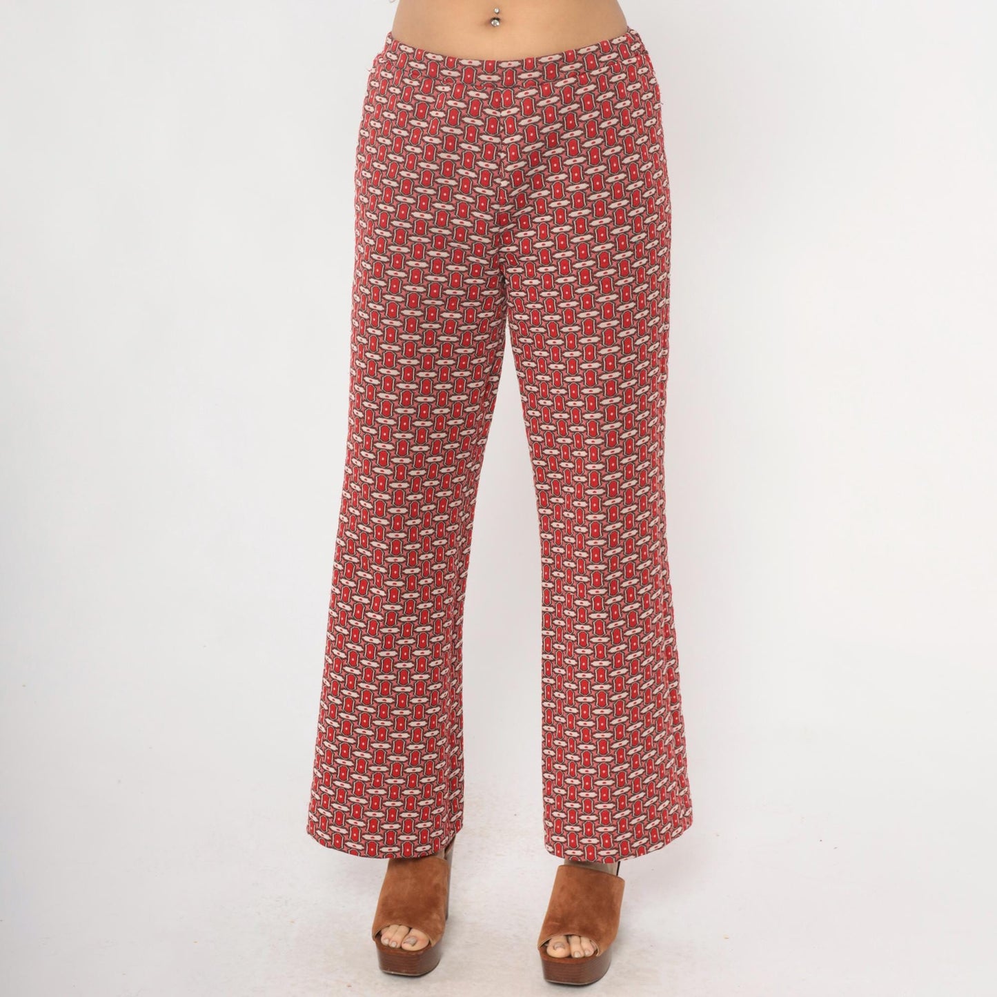 70s Red Lion Geometric Chain Print Straight Leg Trousers Burgundy Medium M