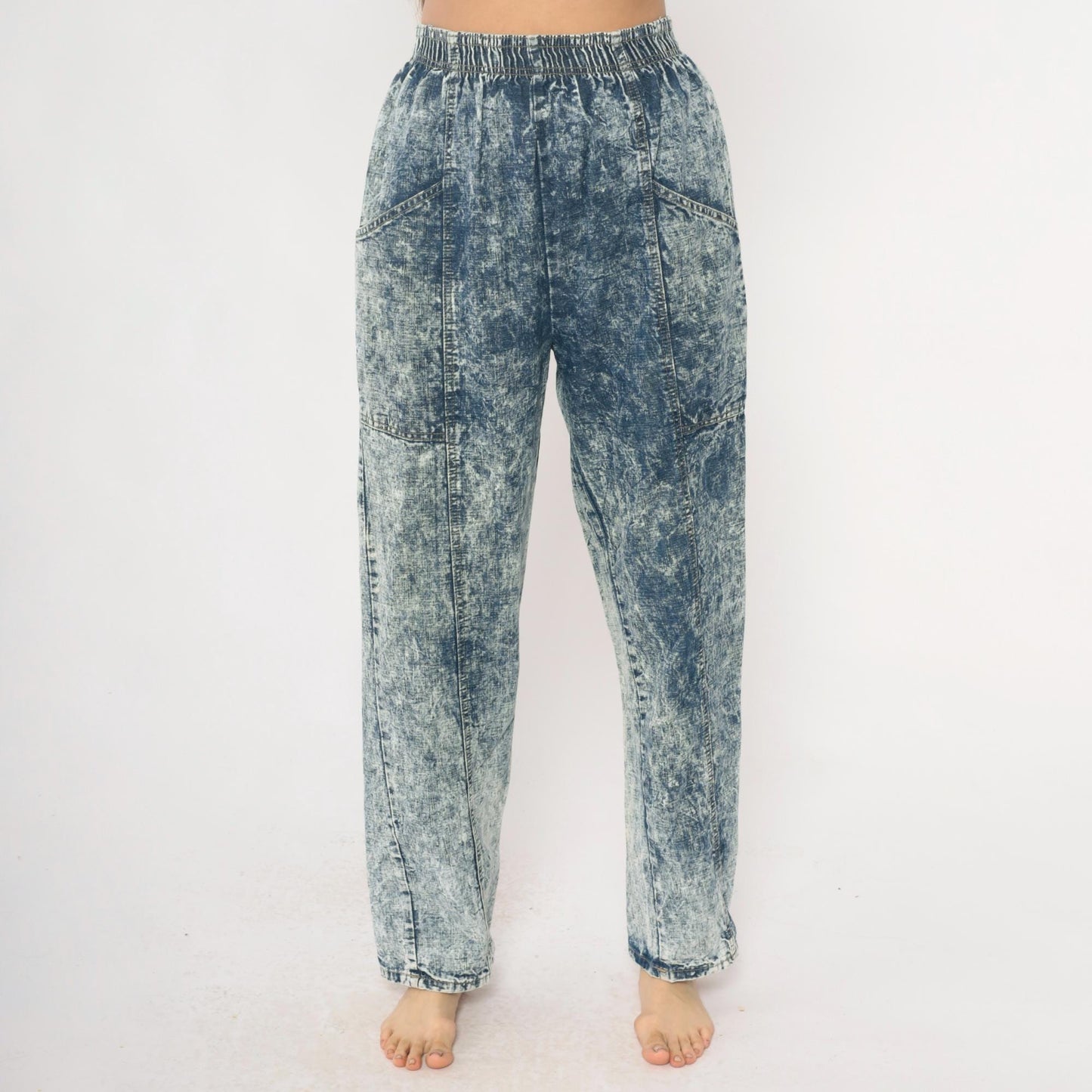 90s Acid Wash Denim High Rise Elastic Waist Straight Leg Light Blue Small Medium