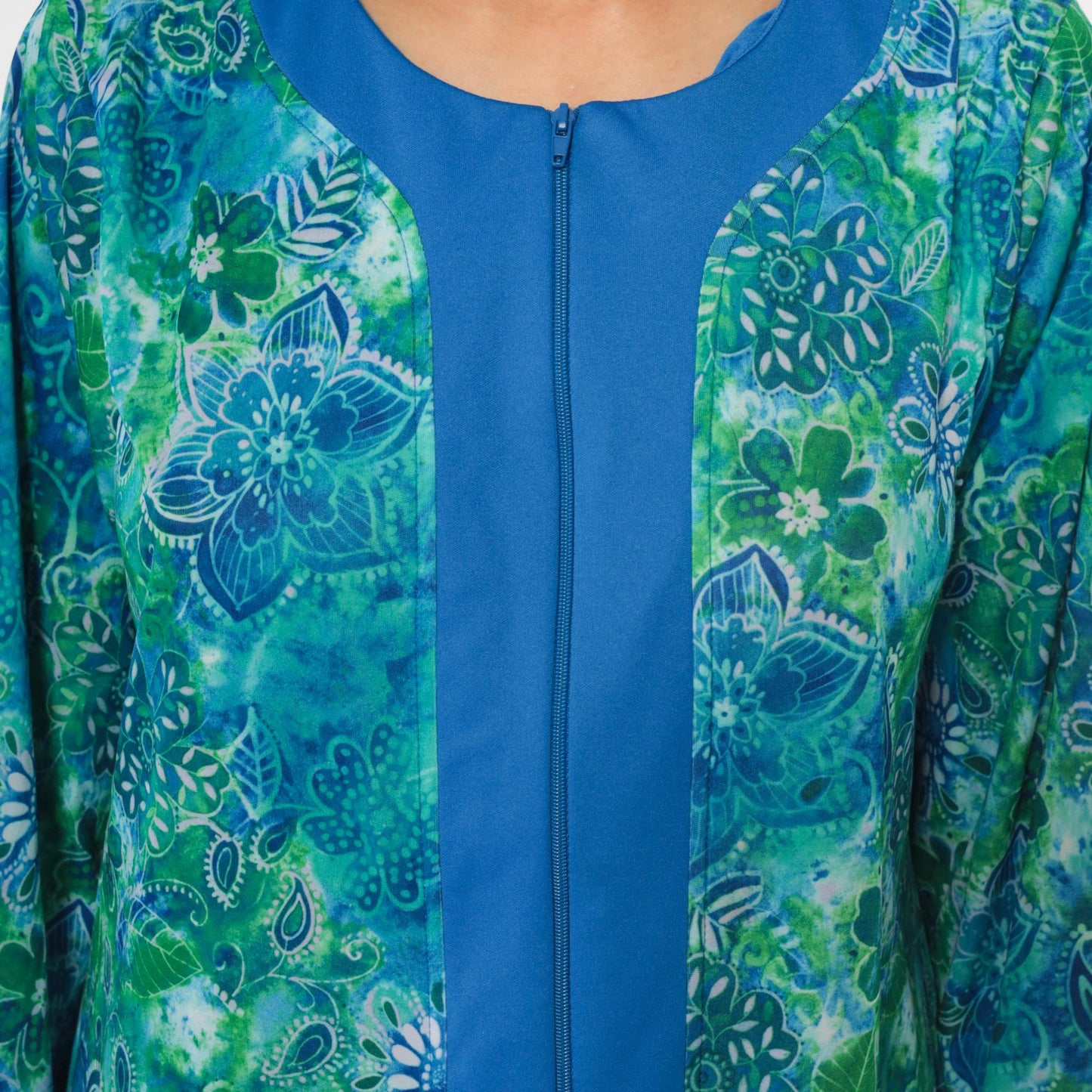 90s Botanical Print Maxi Robe Blue Green Zip Front Long Sleeve Medium M