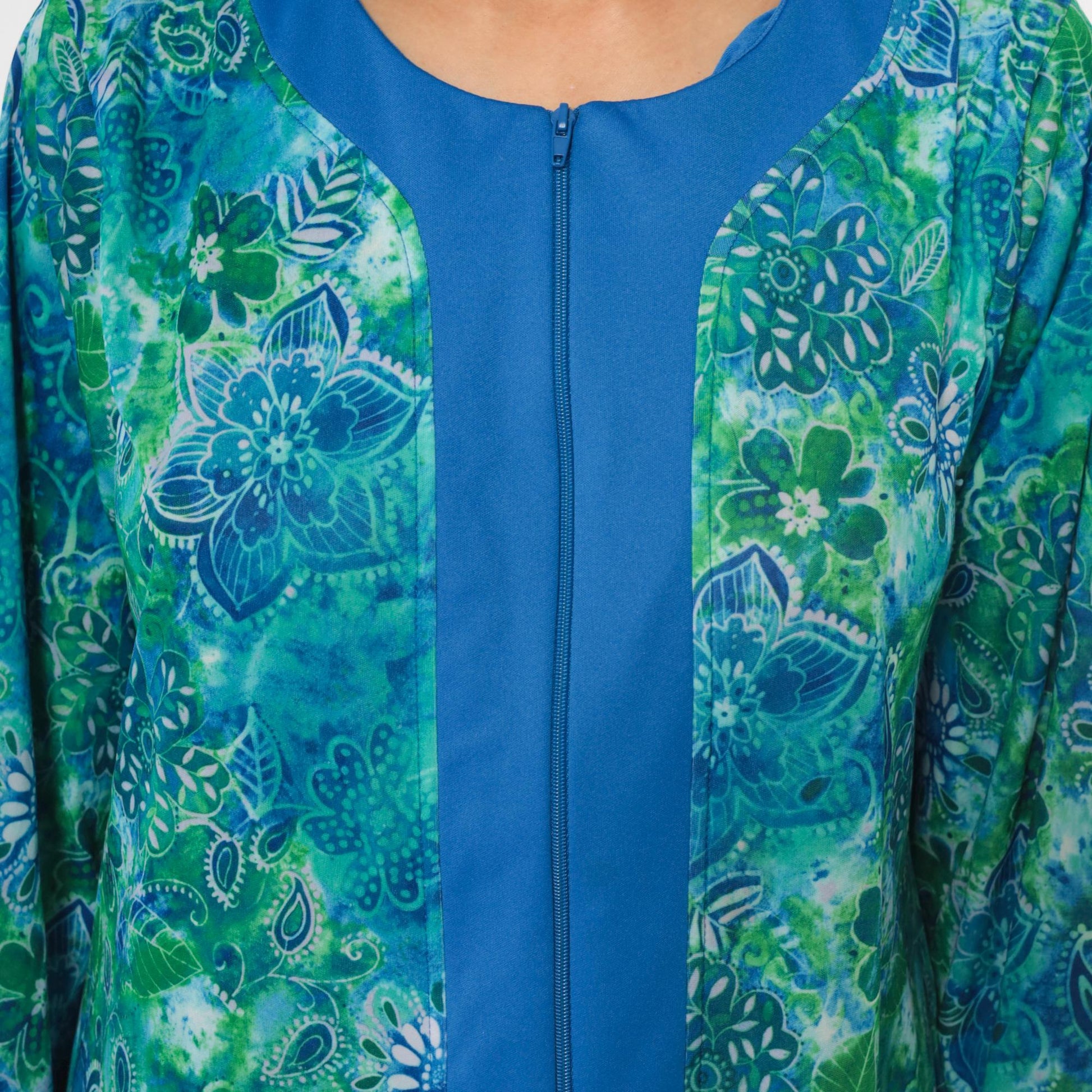 90s Botanical Print Maxi Robe Blue Green Zip Front Long Sleeve Medium M