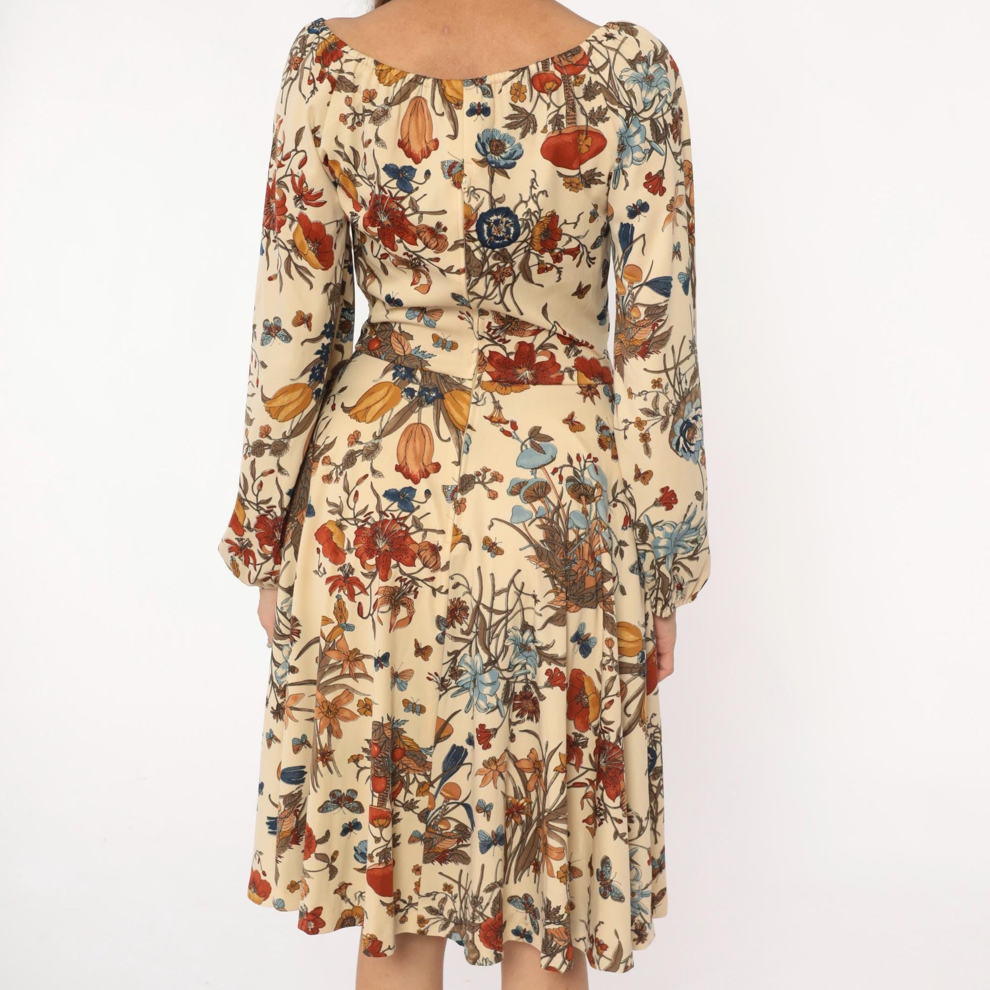 70s Mushroom Butterfly Floral Dress Cream Drawstring Peasant Small