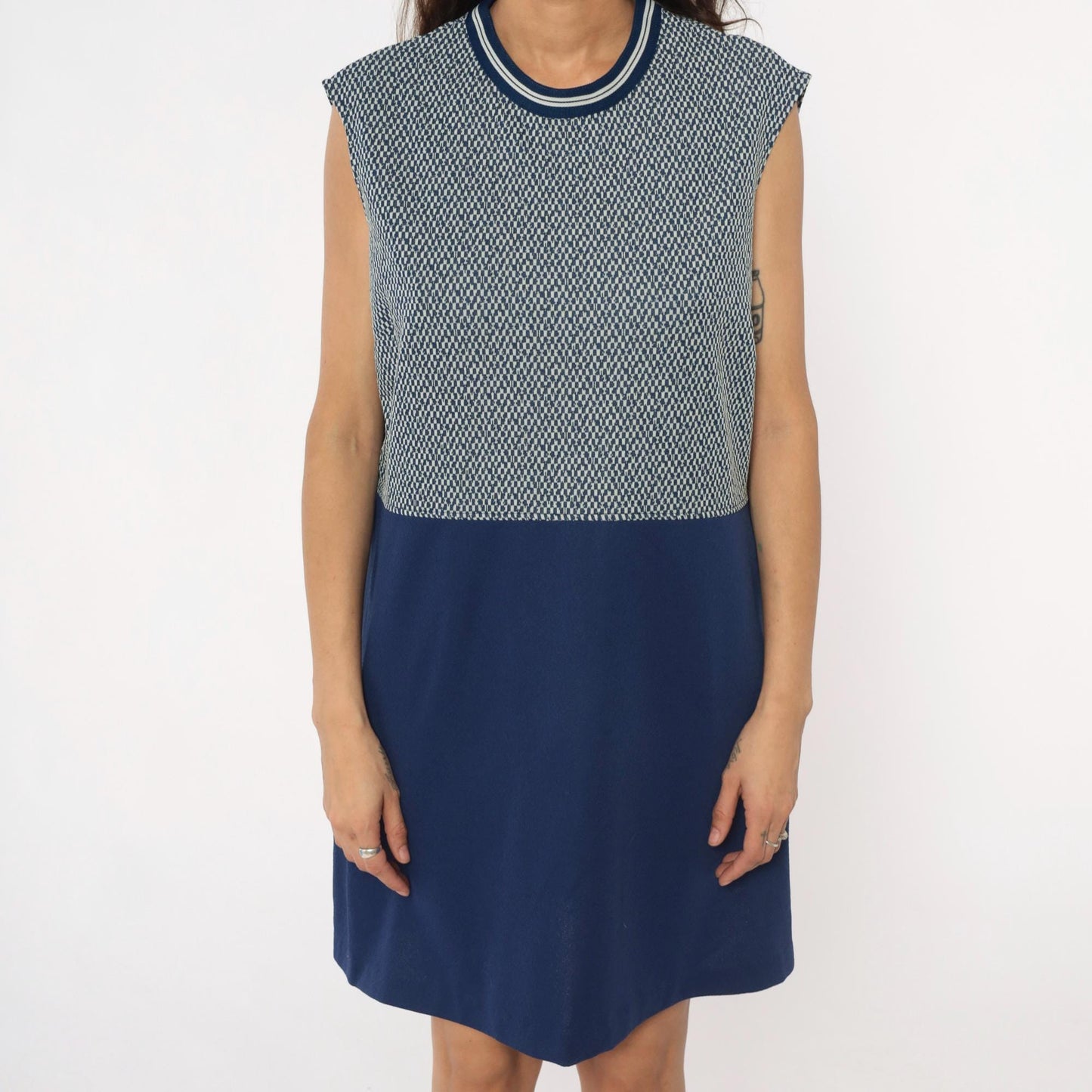 70s JC Penney Geometric Navy White Sleeveless Shift Dress Extra Large XL