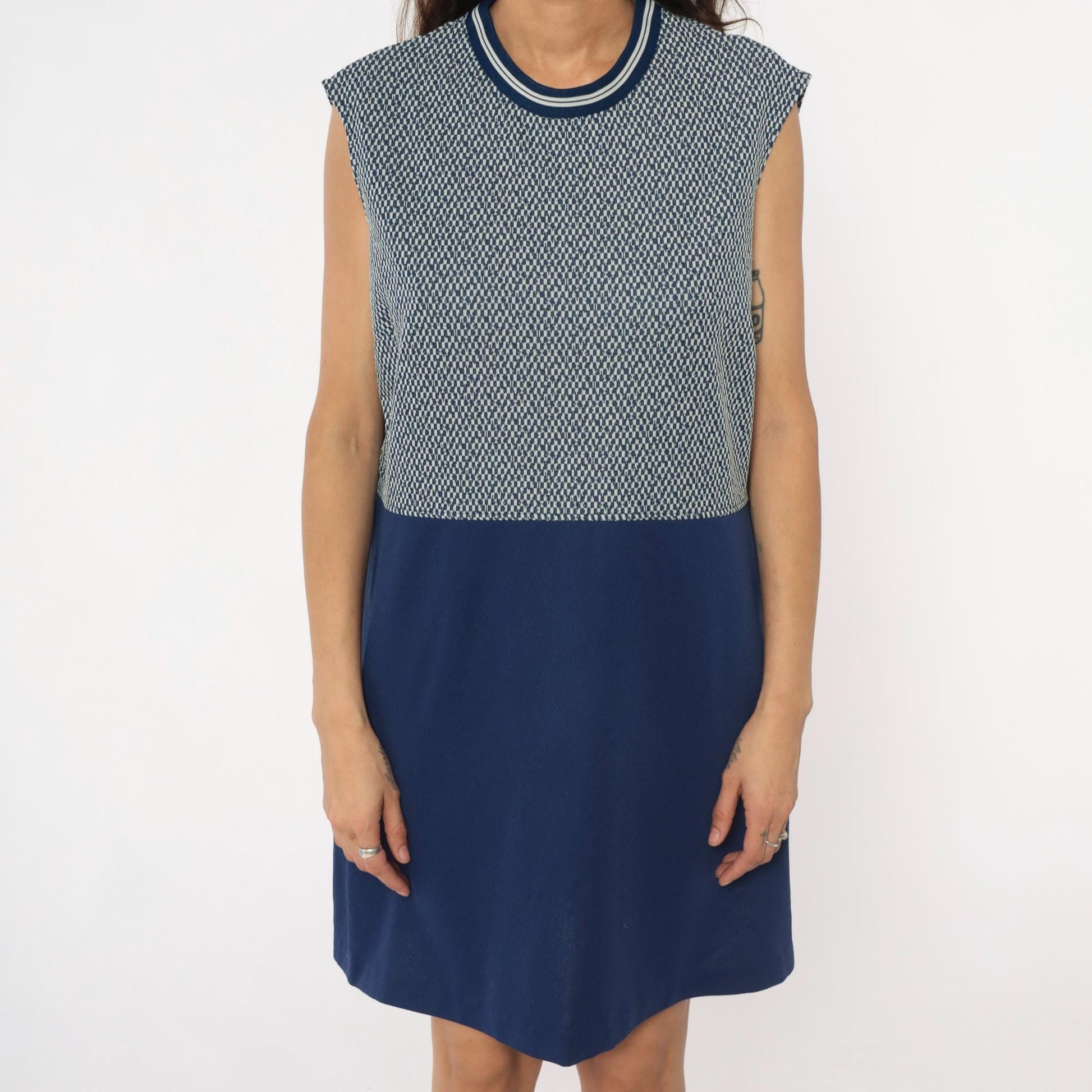 70s JC Penney Geometric Navy White Sleeveless Shift Dress Extra Large XL