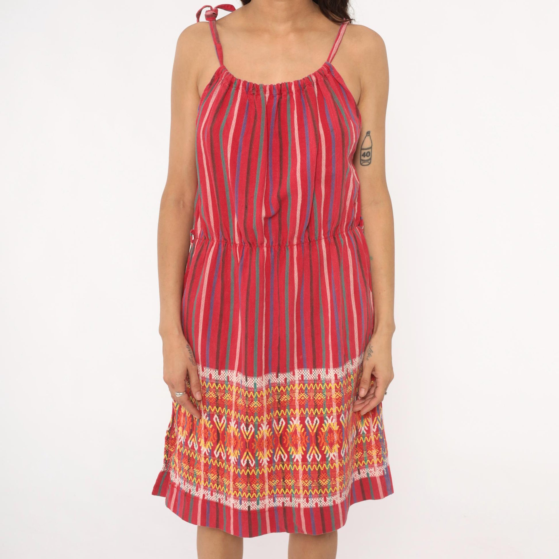 90s Red Striped Cotton Sundress Tribal Ikat Border Tie Strap Large