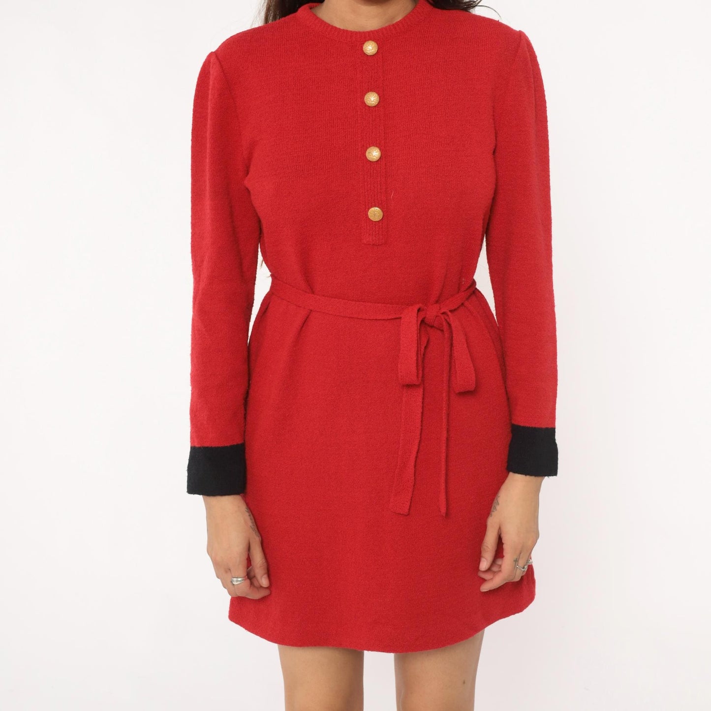 80s Castleberry Red Sweater Dress Gold Buttons Black Cuffs Tie Belt Medium