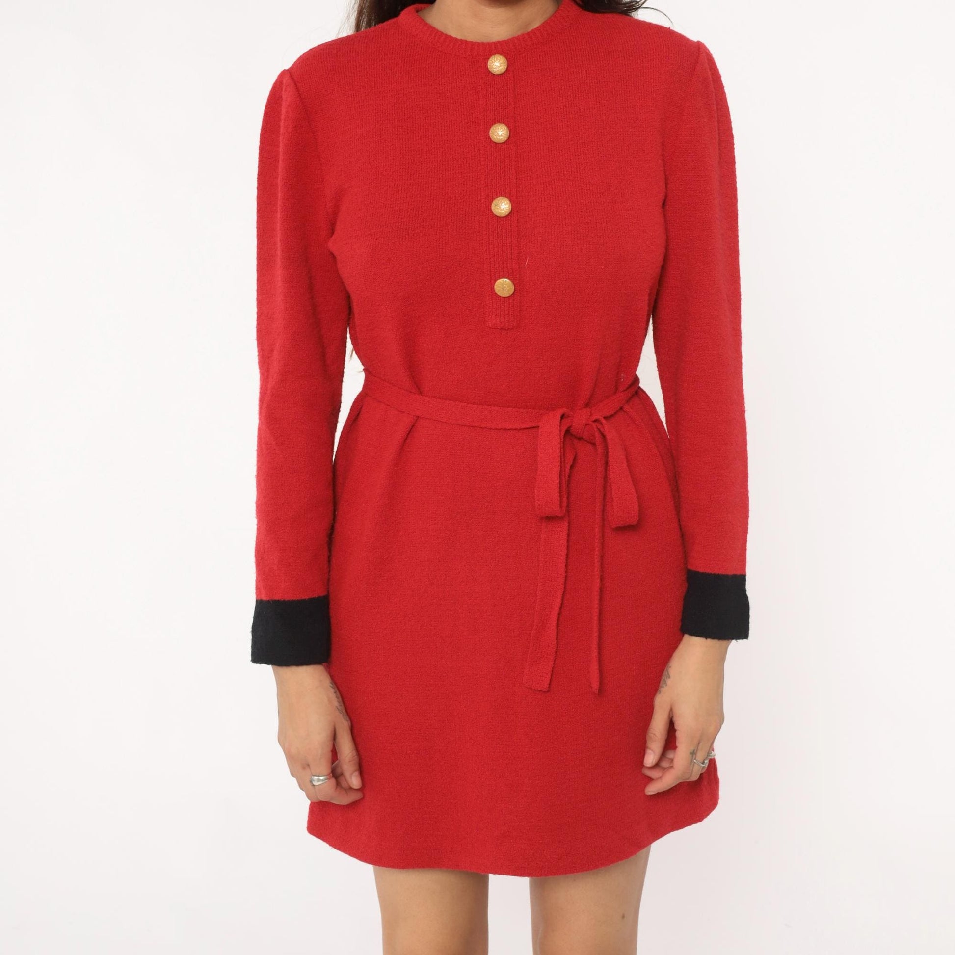 80s Castleberry Red Sweater Dress Gold Buttons Black Cuffs Tie Belt Medium