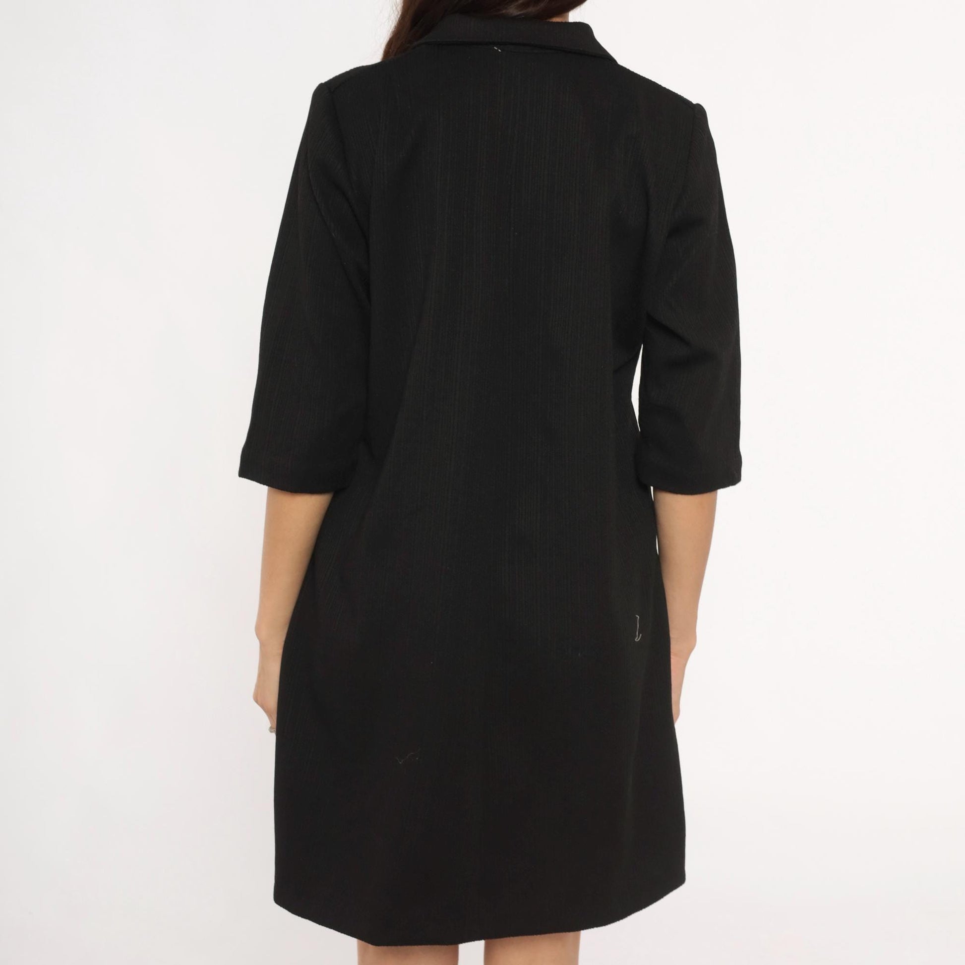 70s Black Shift Dress Button Front Lapel 3/4 Sleeve Knee Length Large