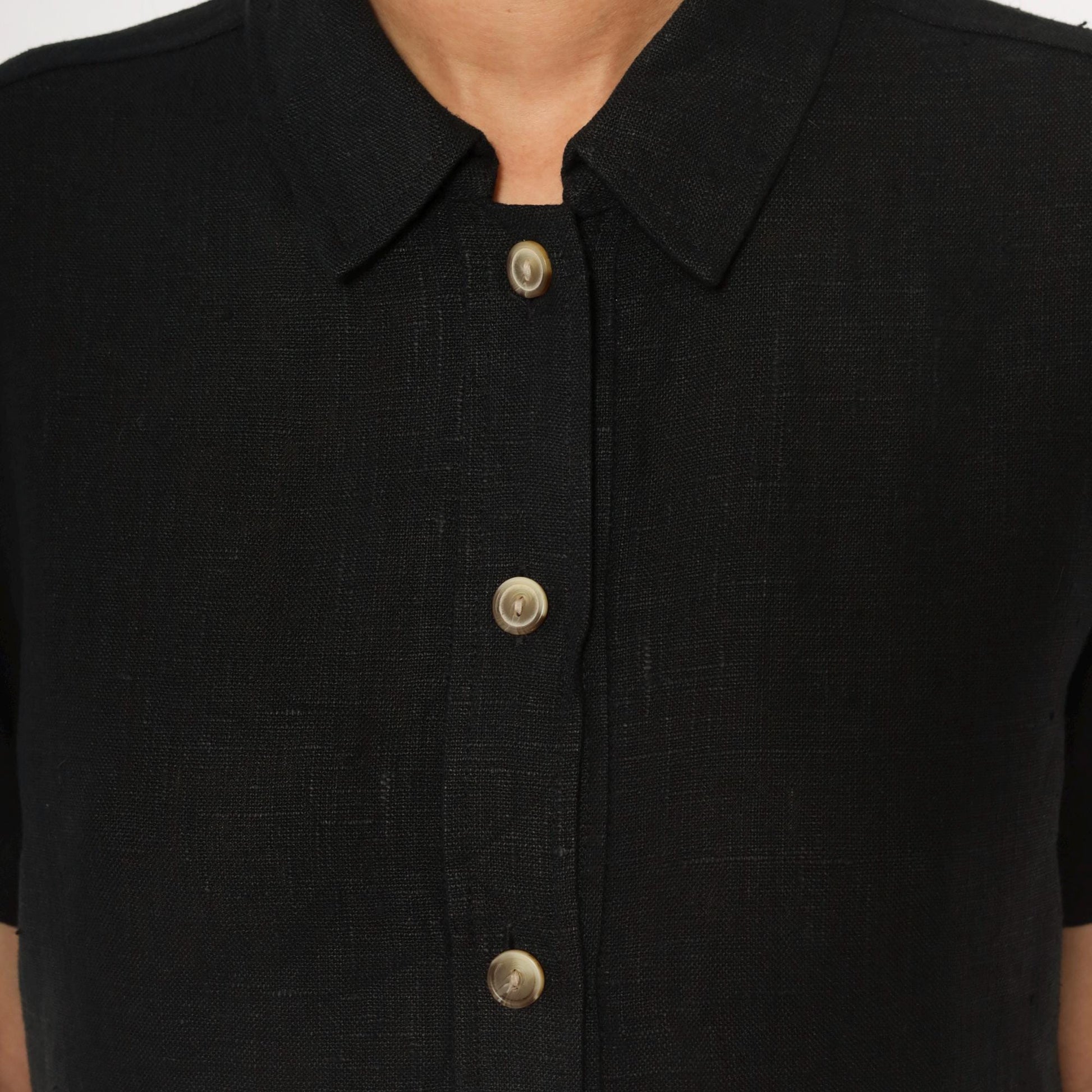 90s Harve Benard Black Linen Midi Shirt Dress Button Front Collar Large L