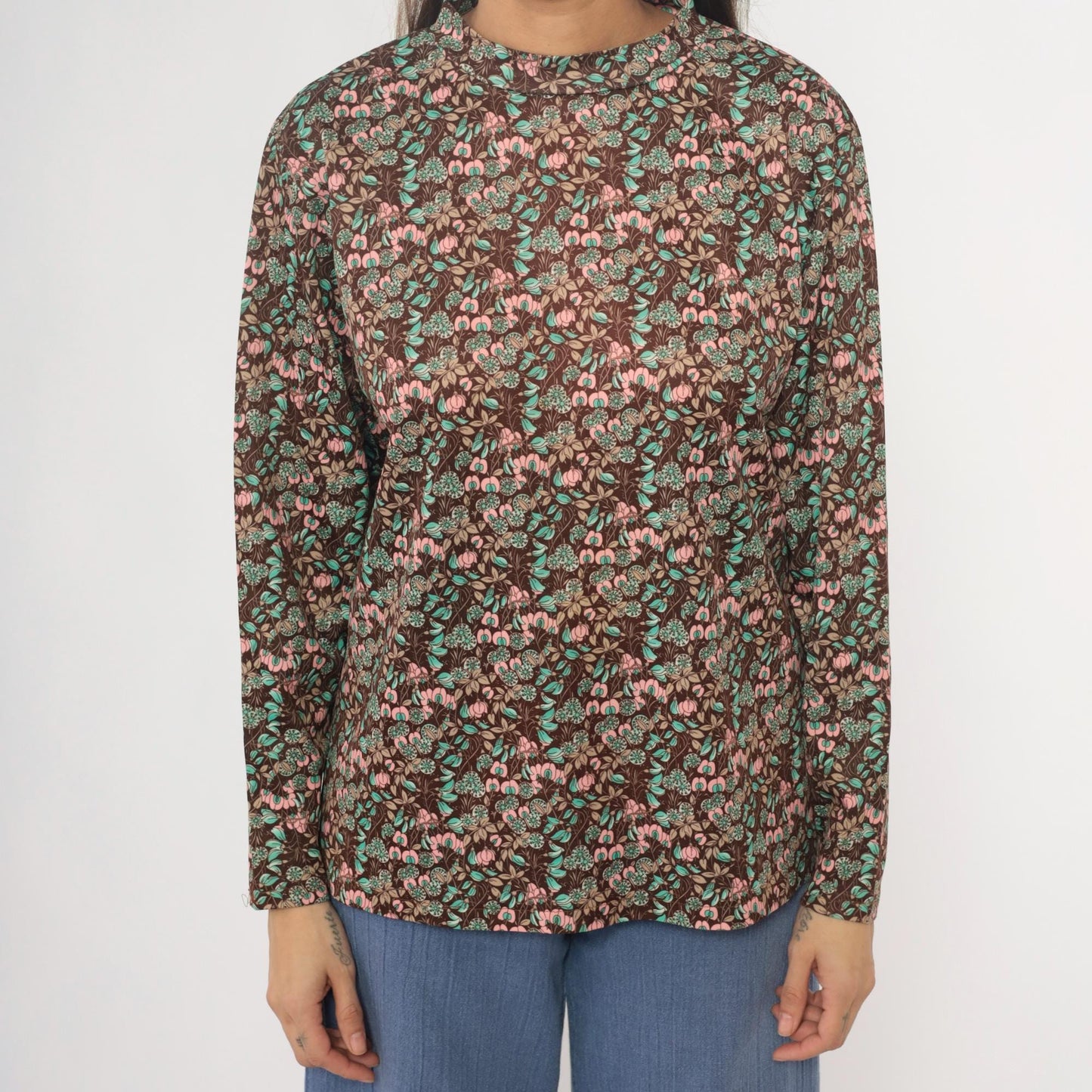 70s Floral Pullover Blouse Brown Pink Mint Crew Neck Long Sleeve Medium