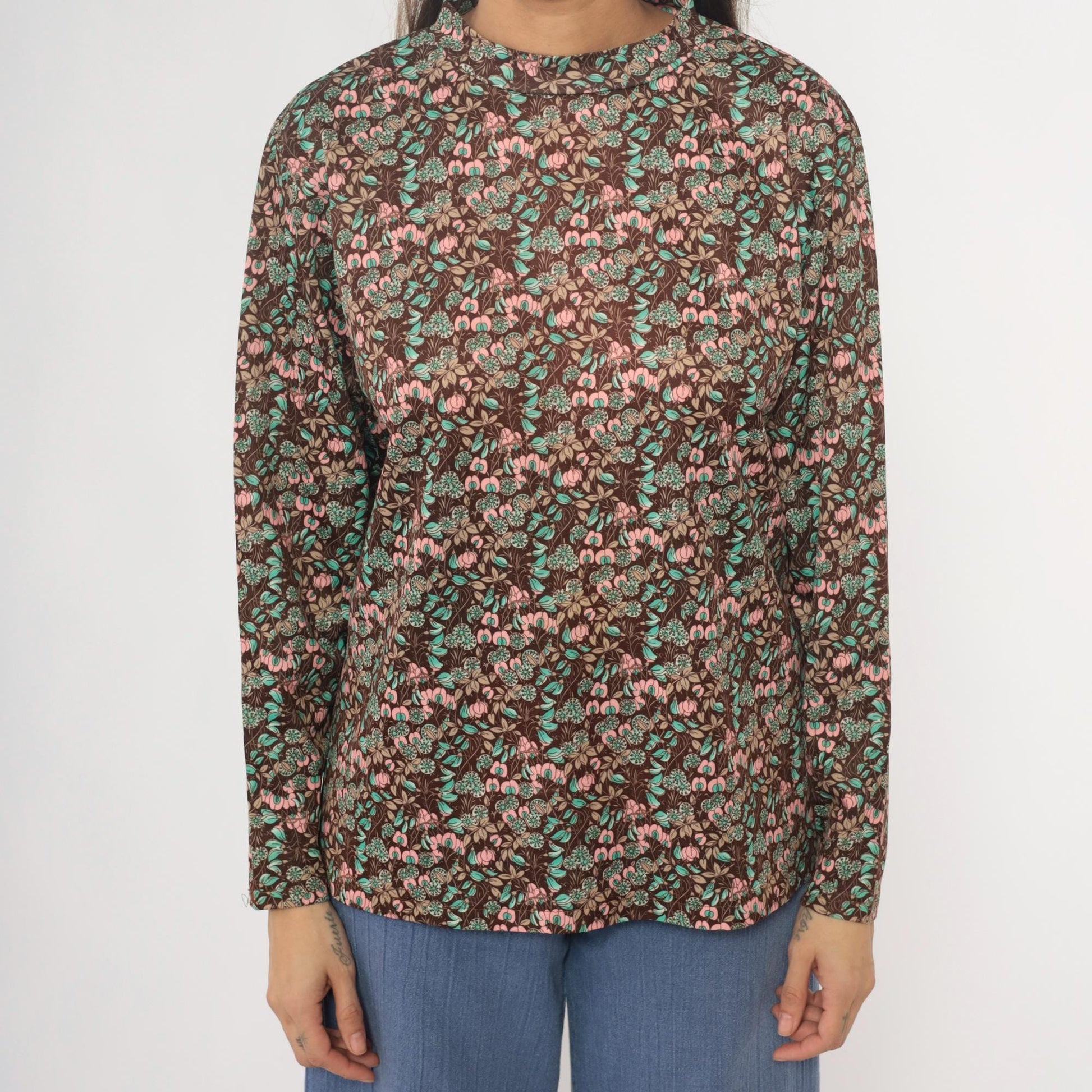 70s Floral Pullover Blouse Brown Pink Mint Crew Neck Long Sleeve Medium