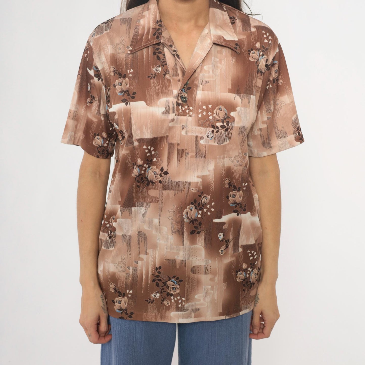 70s Stuart Mann Floral Button-Up Blouse Brown Tan Roses Geometric Medium M