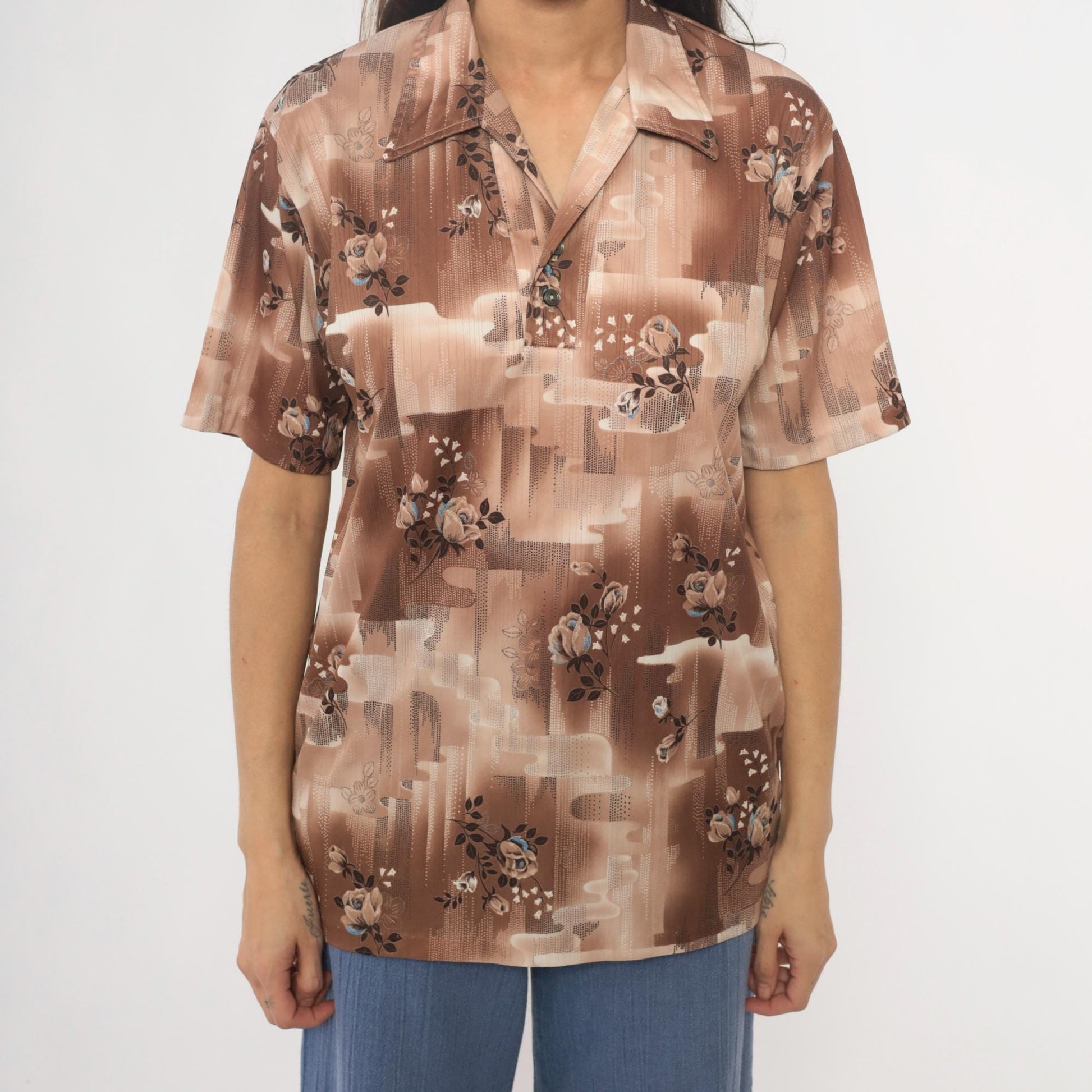 70s Stuart Mann Floral Button-Up Blouse Brown Tan Roses Geometric Medium M