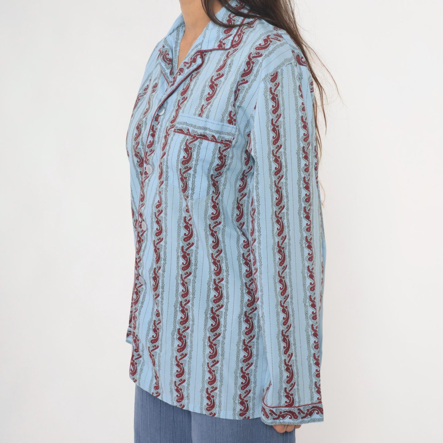 90s Paisley Stripe Pajama Shirt Light Blue Burgundy Cotton Notched Collar Large