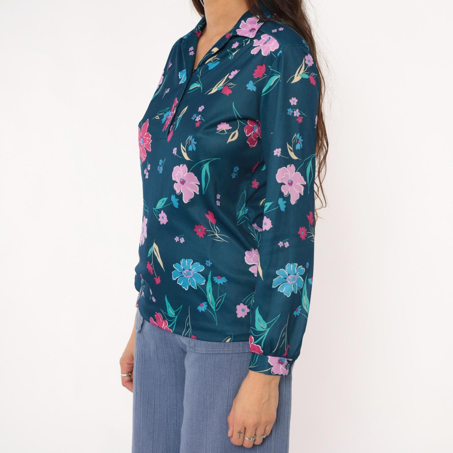 80s Teal Floral Blouse Navy Pink Purple Flowers Long Sleeve Button Up Medium
