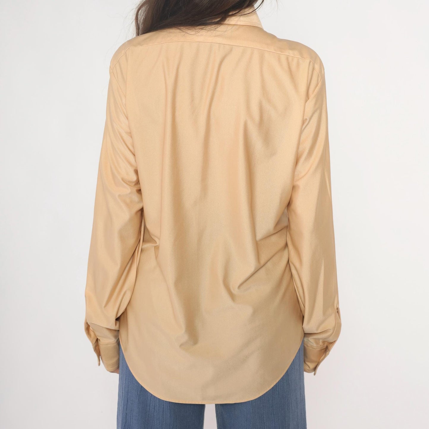 70s Arrow Kent Cream Nylon Button-Up Blouse Pointed Collar Long Sleeve Large