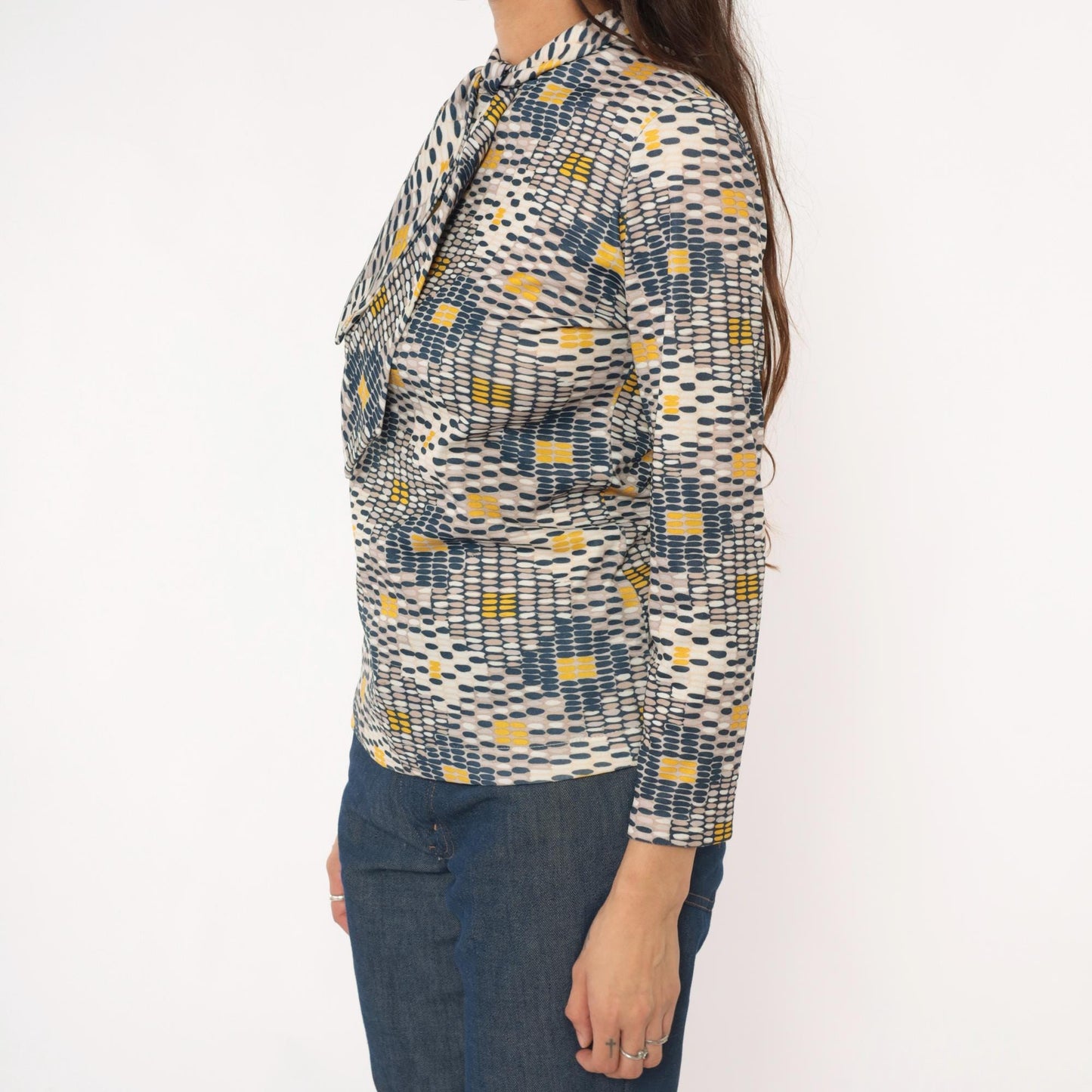 70s Sears Geometric Print Pussy Bow Blouse Navy Mustard Cream Small