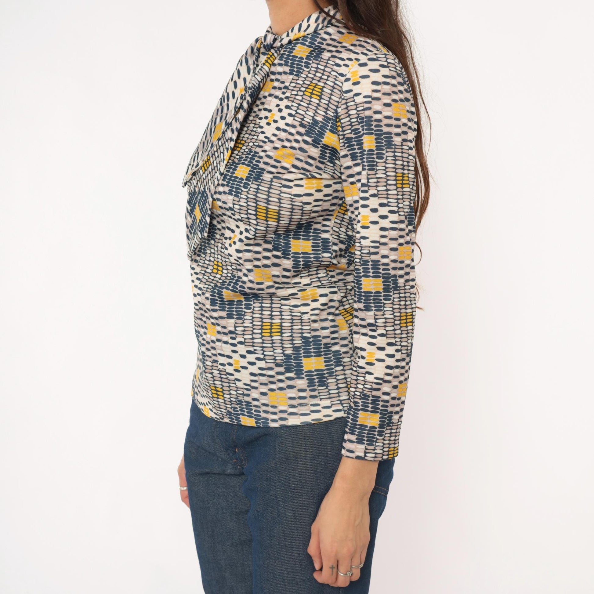 70s Sears Geometric Print Pussy Bow Blouse Navy Mustard Cream Small
