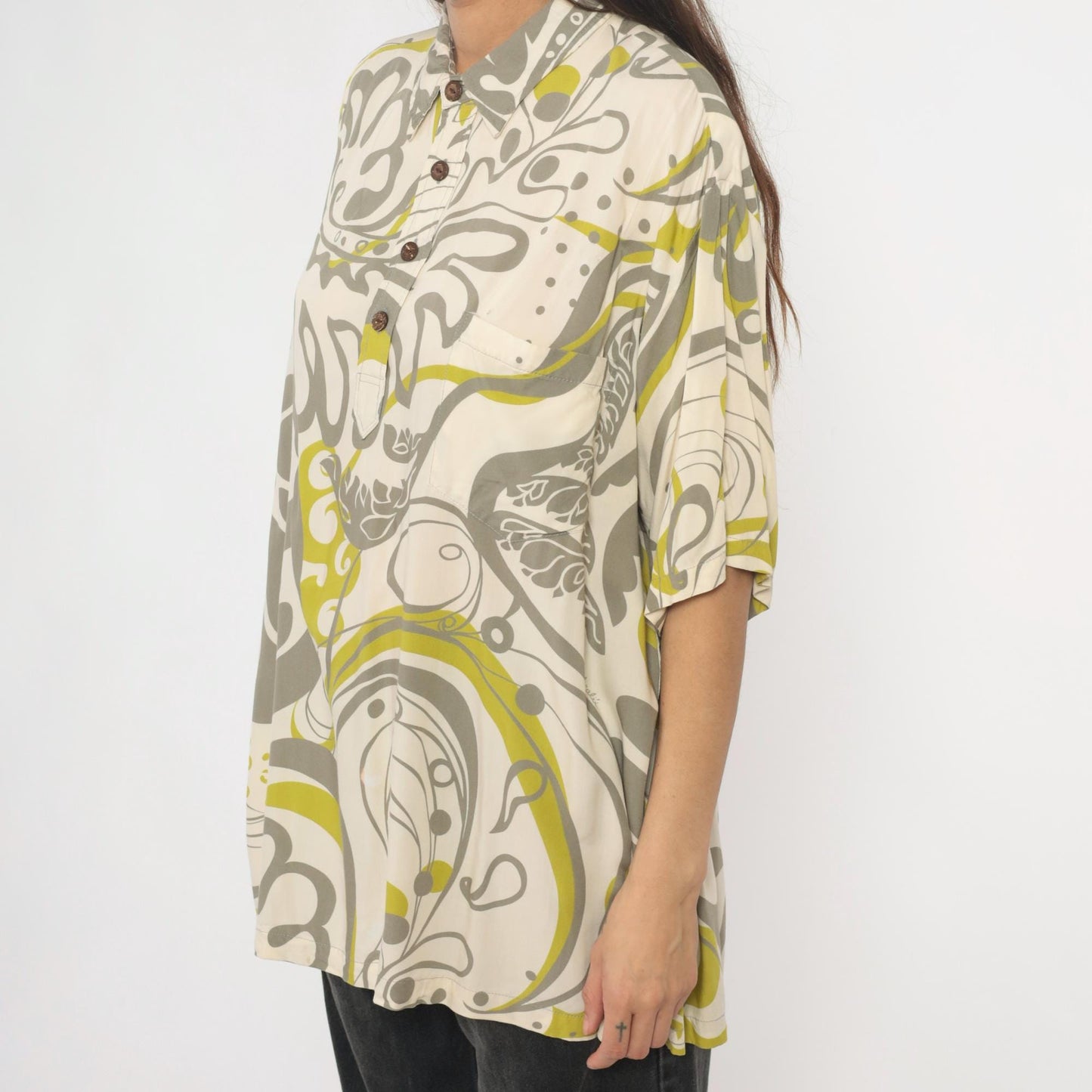 Y2K Manuhealii Psychedelic Swirl Shirt Cream Grey Chartreuse Extra Large XL