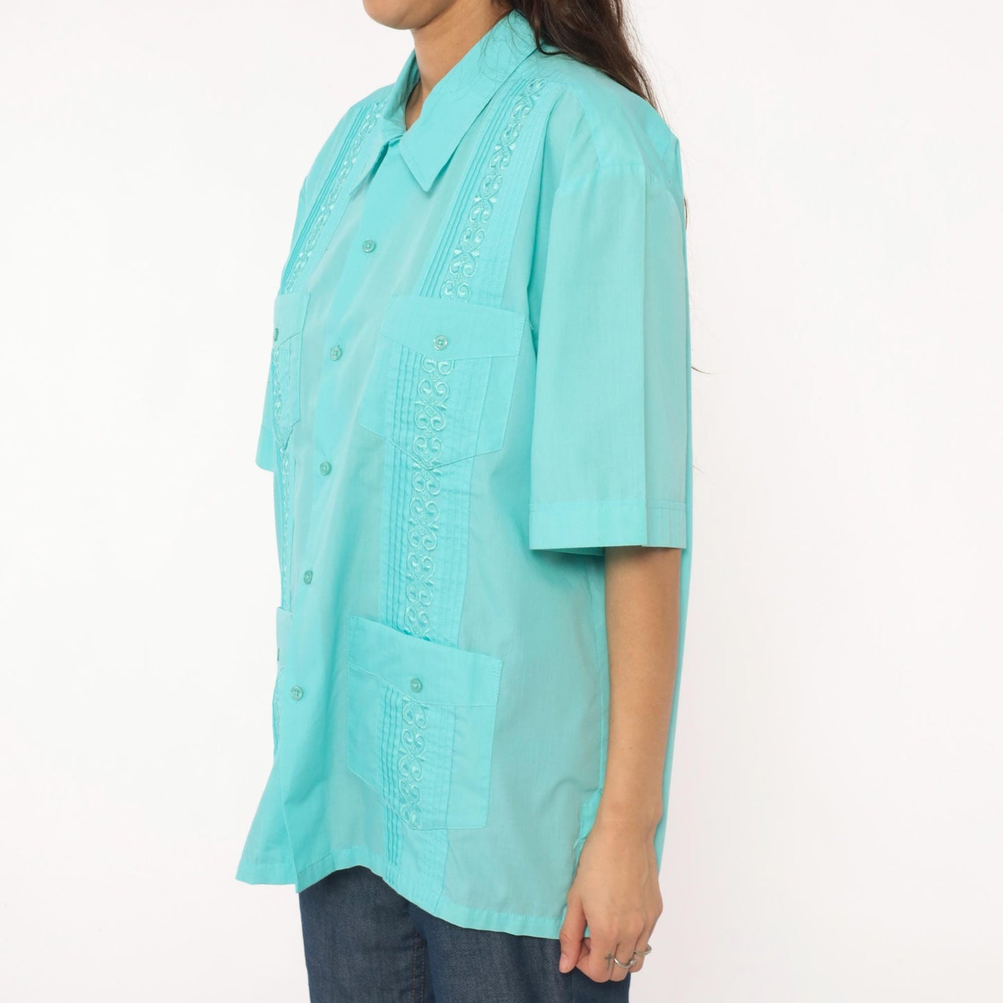 80s Tropicool Aqua Embroidered Pintuck Short Sleeve Shirt Medium