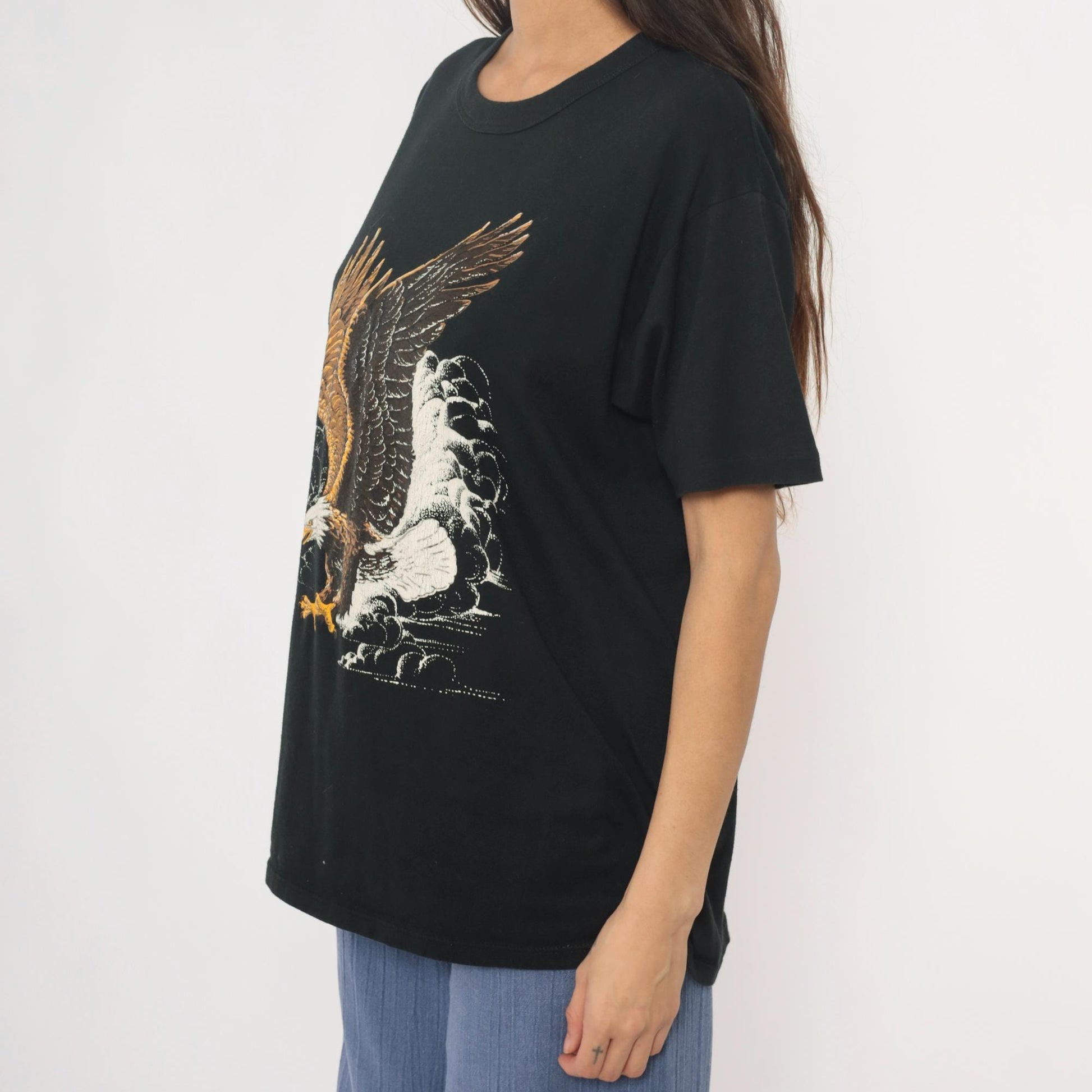 90s Bald Eagle Graphic T-Shirt Black Cotton Tee Large L