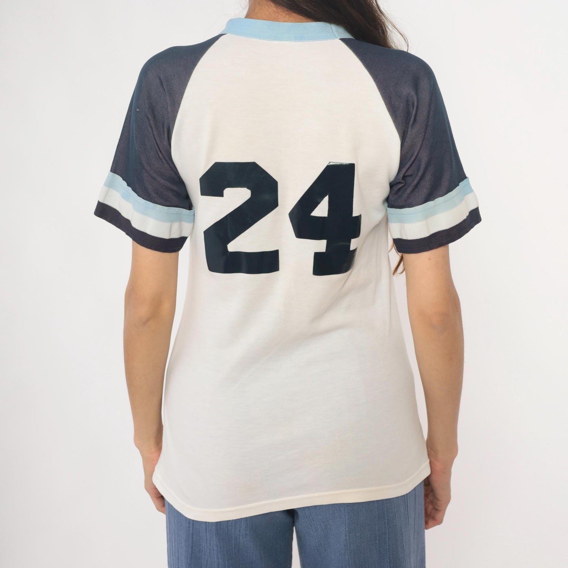 80s Barksdale A.F.B. Raglan Jersey Number 24 White Navy V-Neck Small