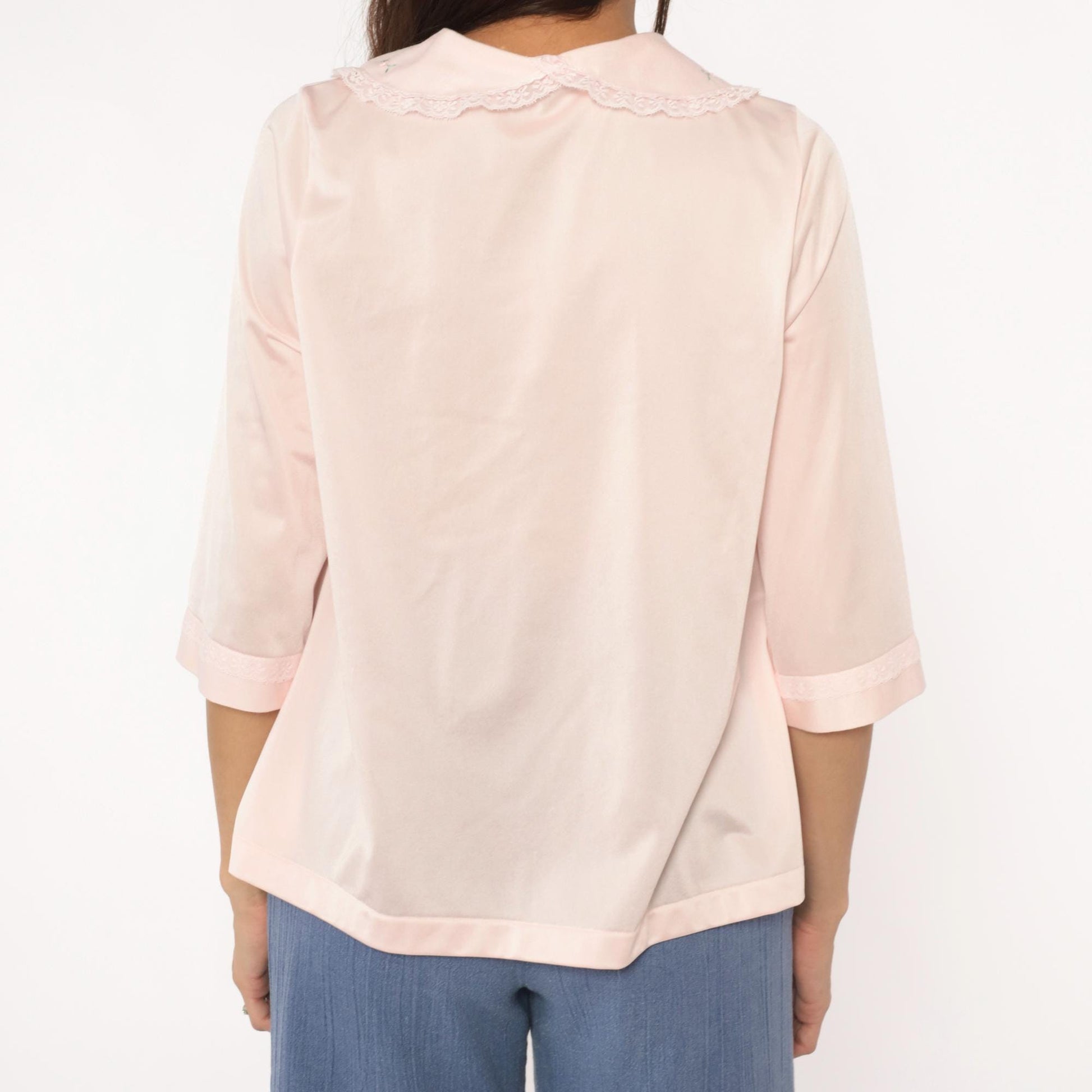 80s Shadowline Nylon Blouse Peter Pan Collar Embroidered Floral Pink Small
