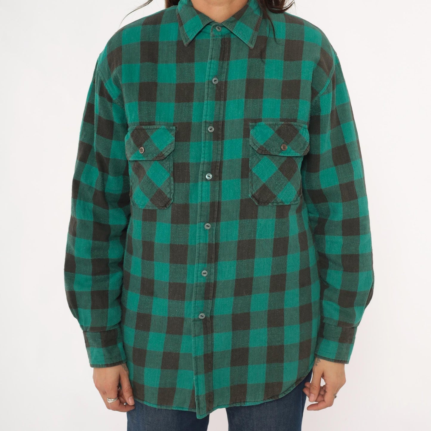 90s Sports Afield Buffalo Plaid Flannel Shirt Green Black Quilted Medium M