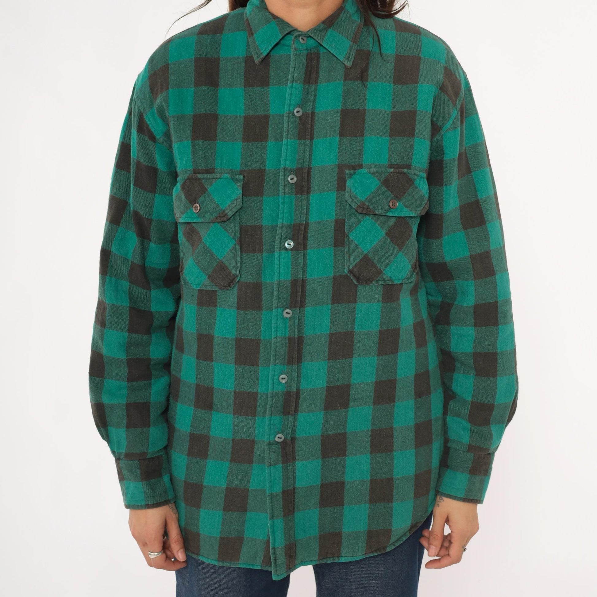 90s Sports Afield Buffalo Plaid Flannel Shirt Green Black Quilted Medium M