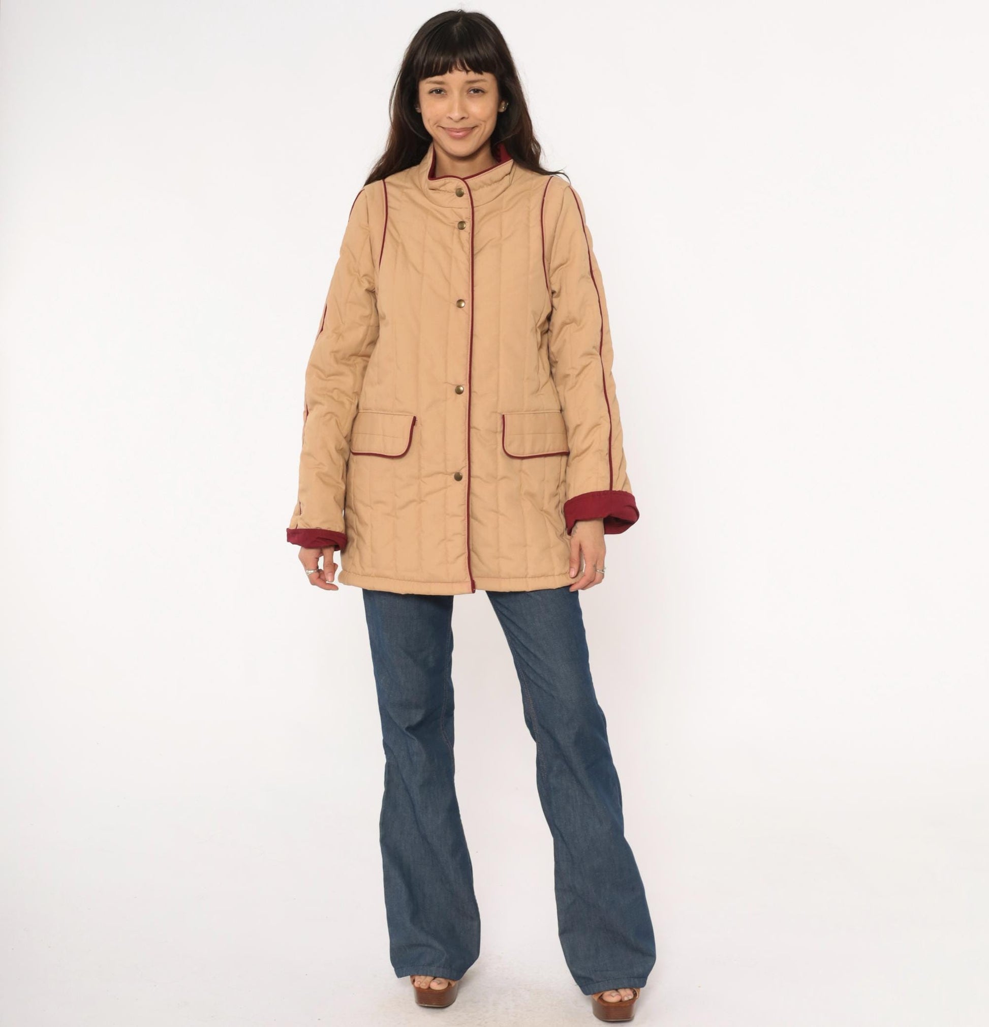 80s Saril Quilted Barn Jacket Tan Burgundy Trim Snap Front Small