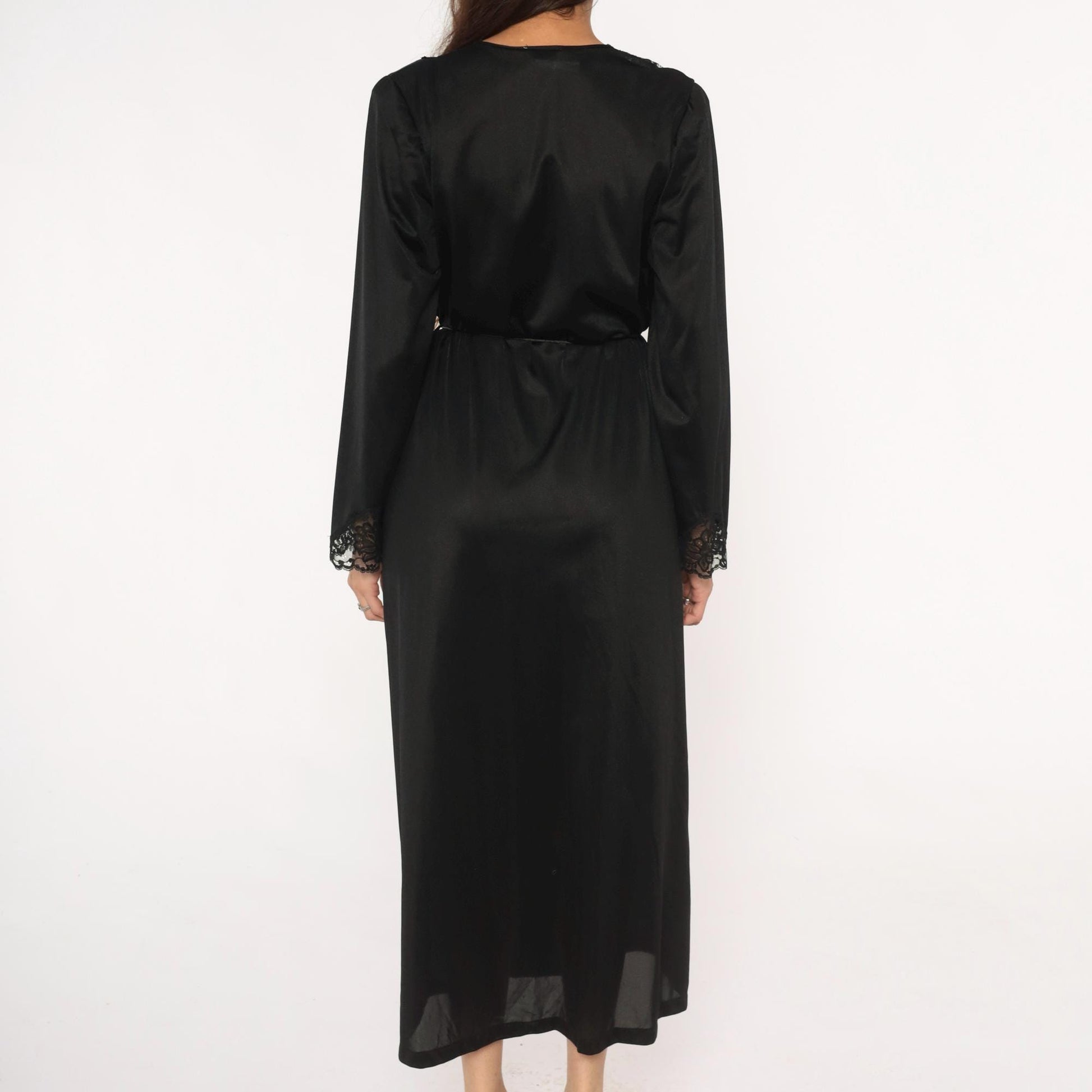 90s Cinema Etiole Black Lace Maxi Robe Long Sleeve Tie Waist Medium