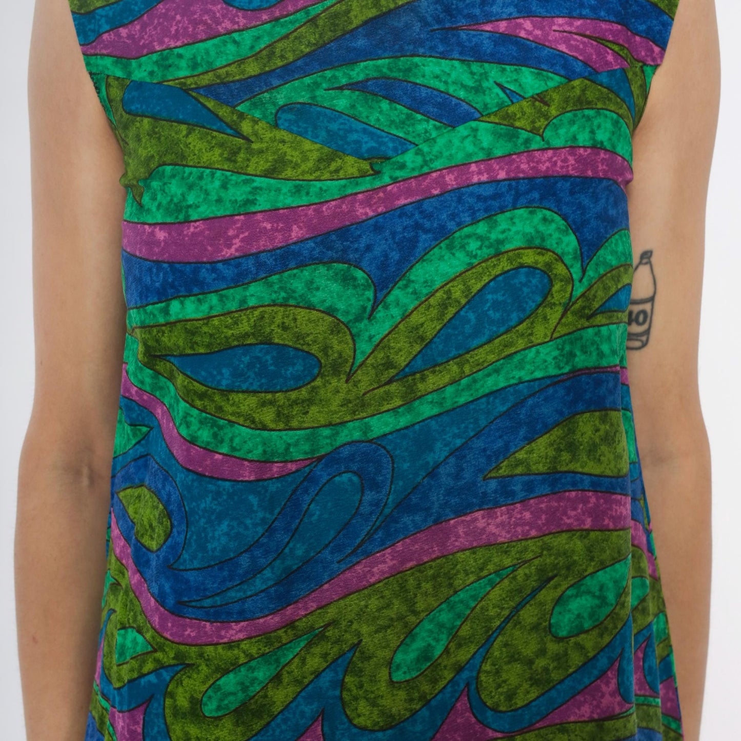 70s Psychedelic Swirl Maxi Dress Blue Green Pink Wave Print Sleeveless Extra Small