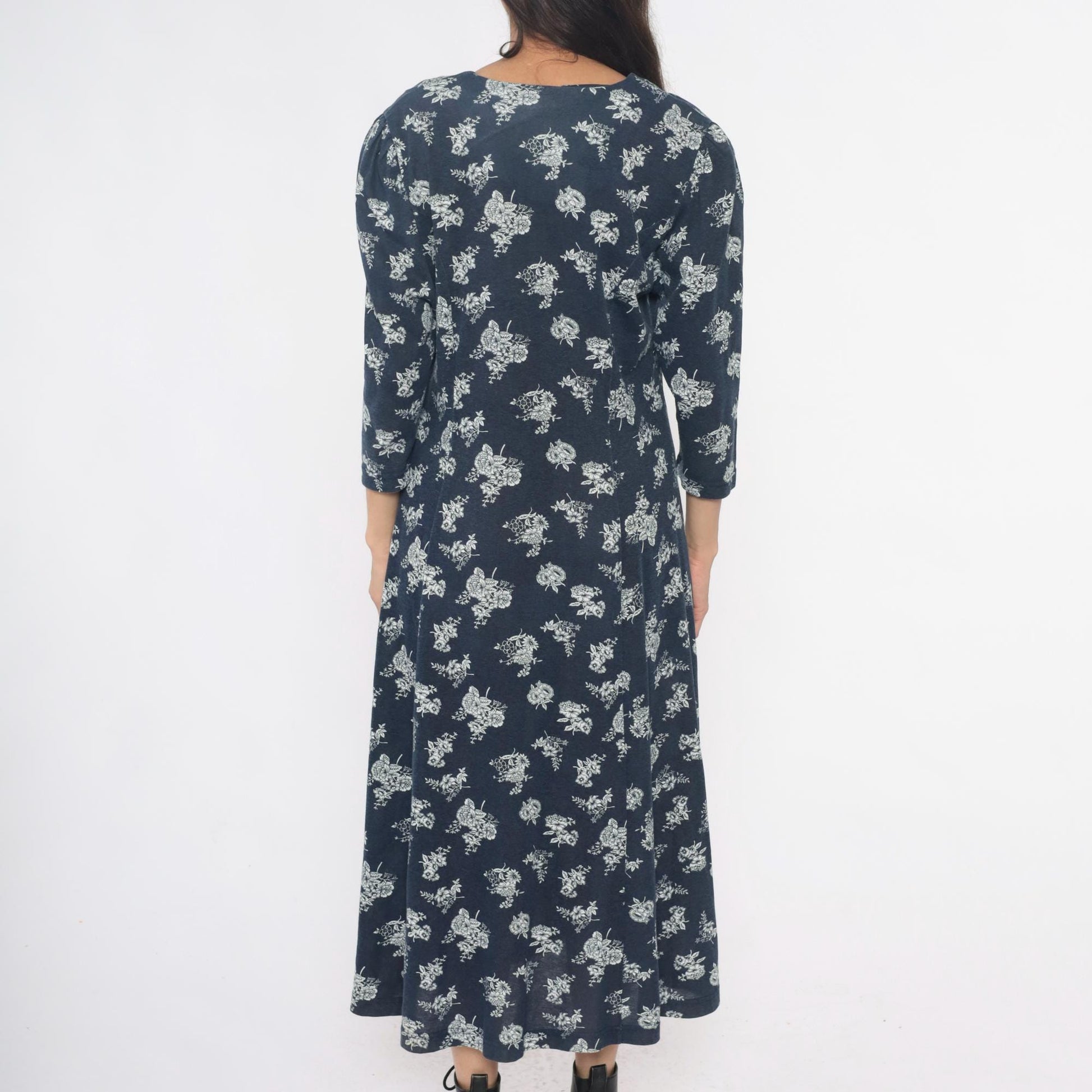 90s Navy Floral Maxi Dress Lace Collar Button Front Three Quarter Sleeve Extra Large XXL