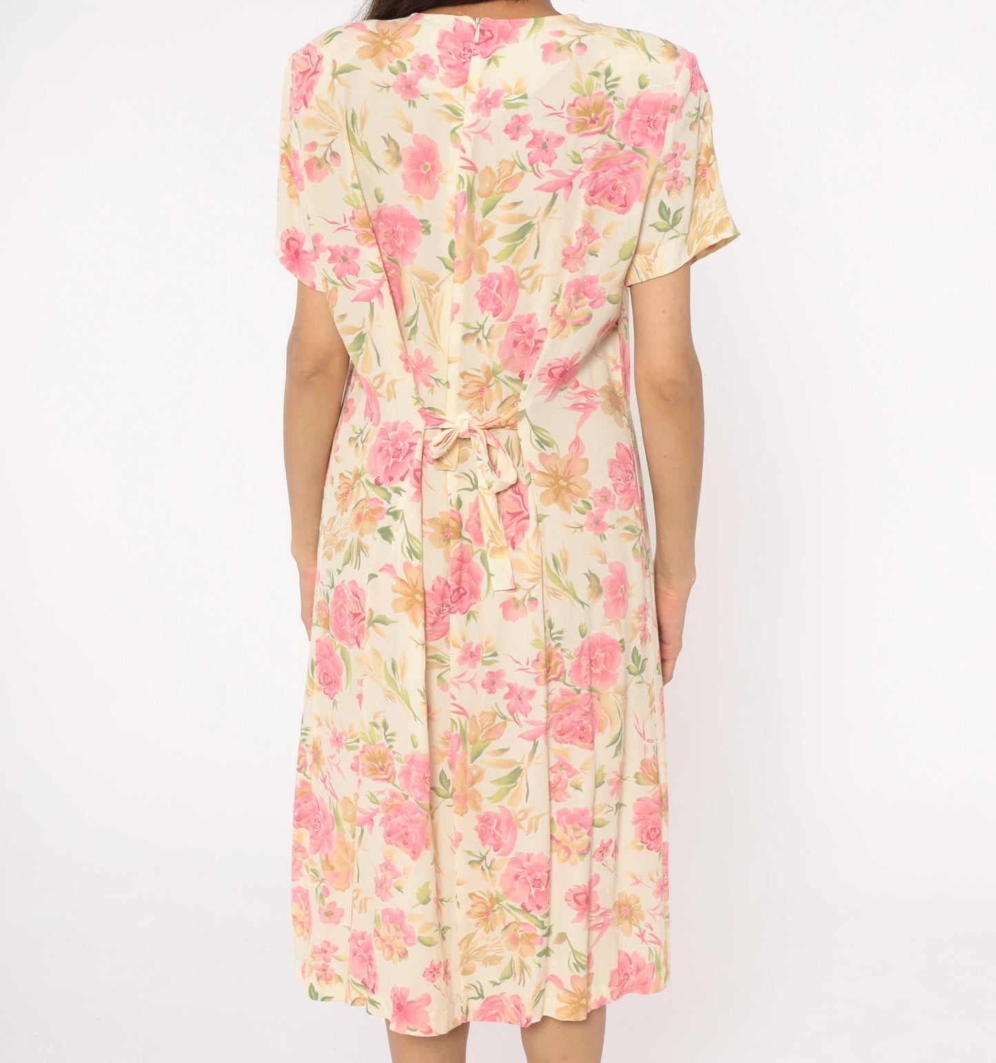 90s Teddi Floral Midi Dress Cream Pink Roses Pintuck Bodice Tie Back Large