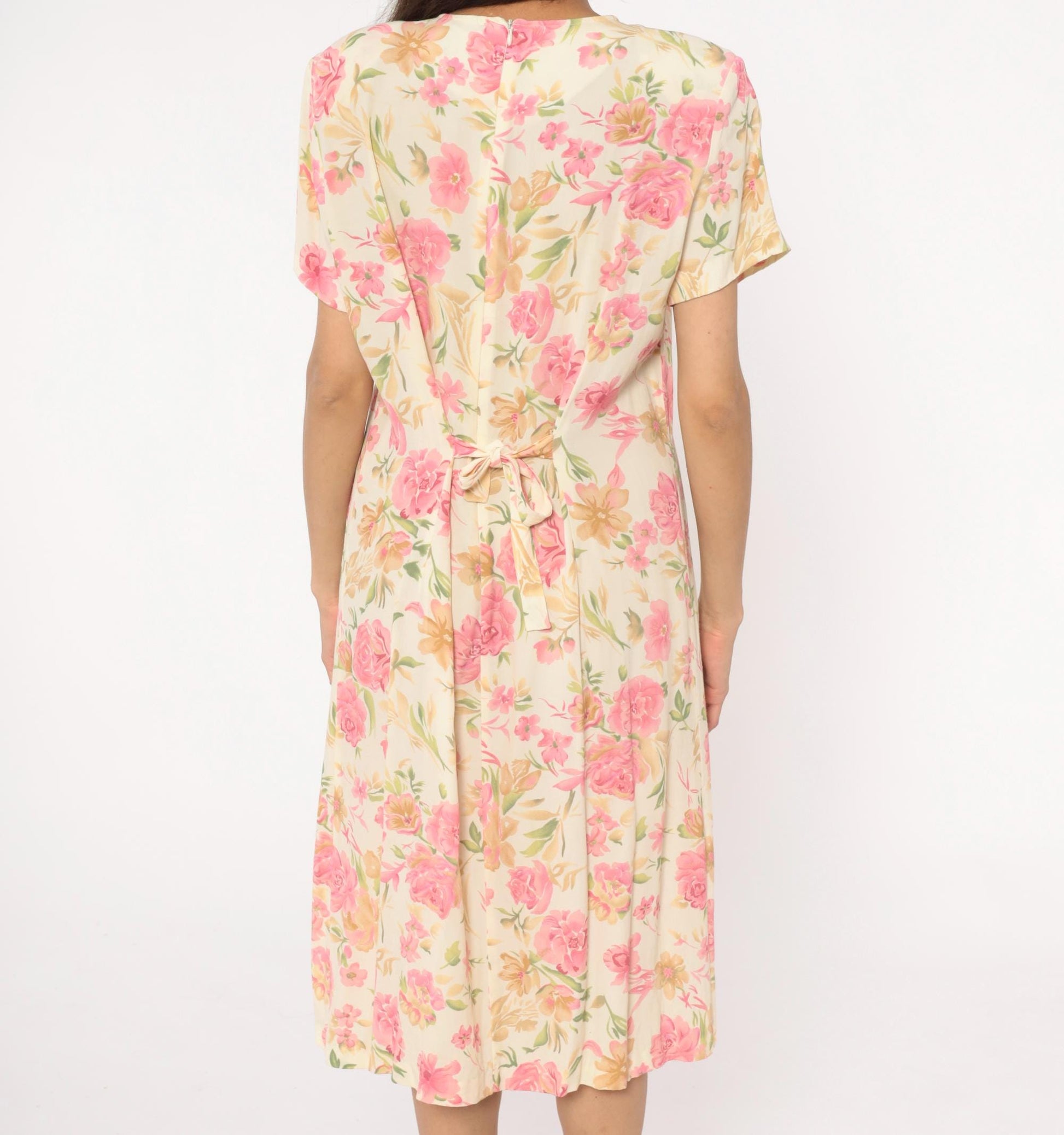 90s Teddi Floral Midi Dress Cream Pink Roses Pintuck Bodice Tie Back Large