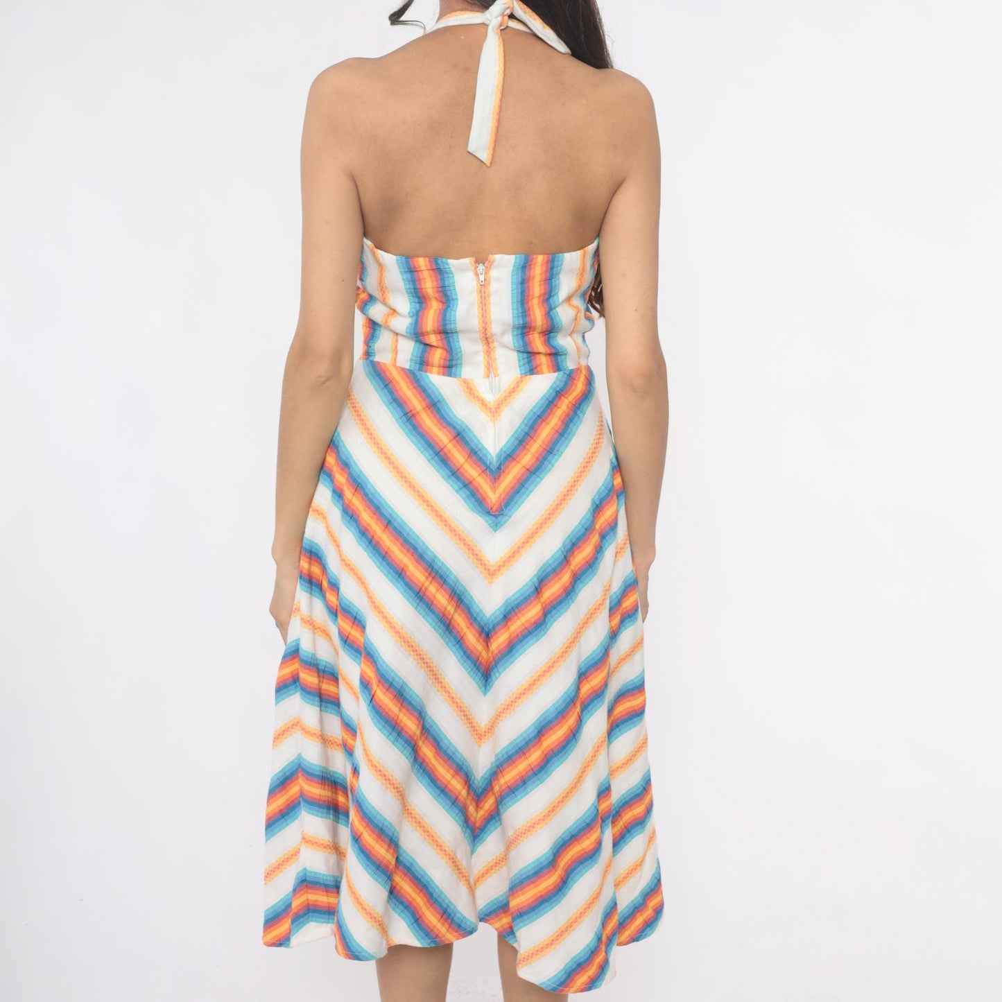 70s Rainbow Chevron Halter Dress Cutout Tie Front Cotton Small