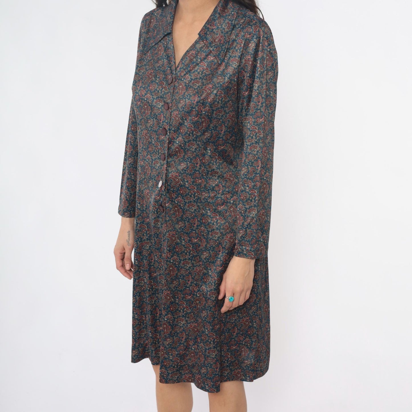 70s Paisley Shirt Dress Collared Button Front Long Sleeve Blue Large L