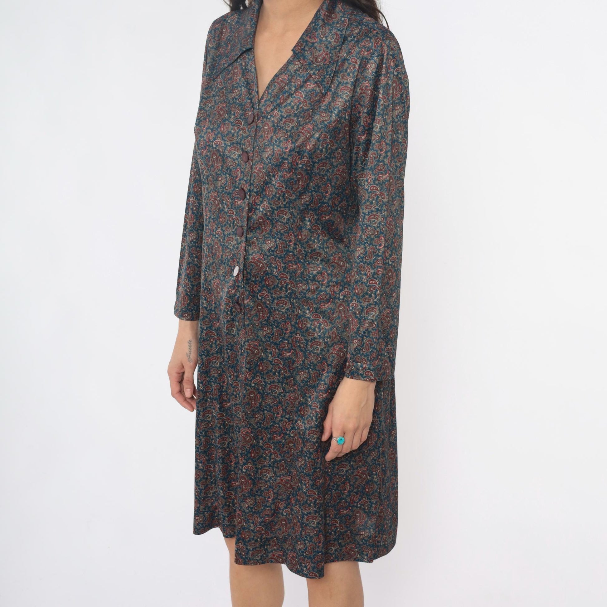 70s Paisley Shirt Dress Collared Button Front Long Sleeve Blue Large L