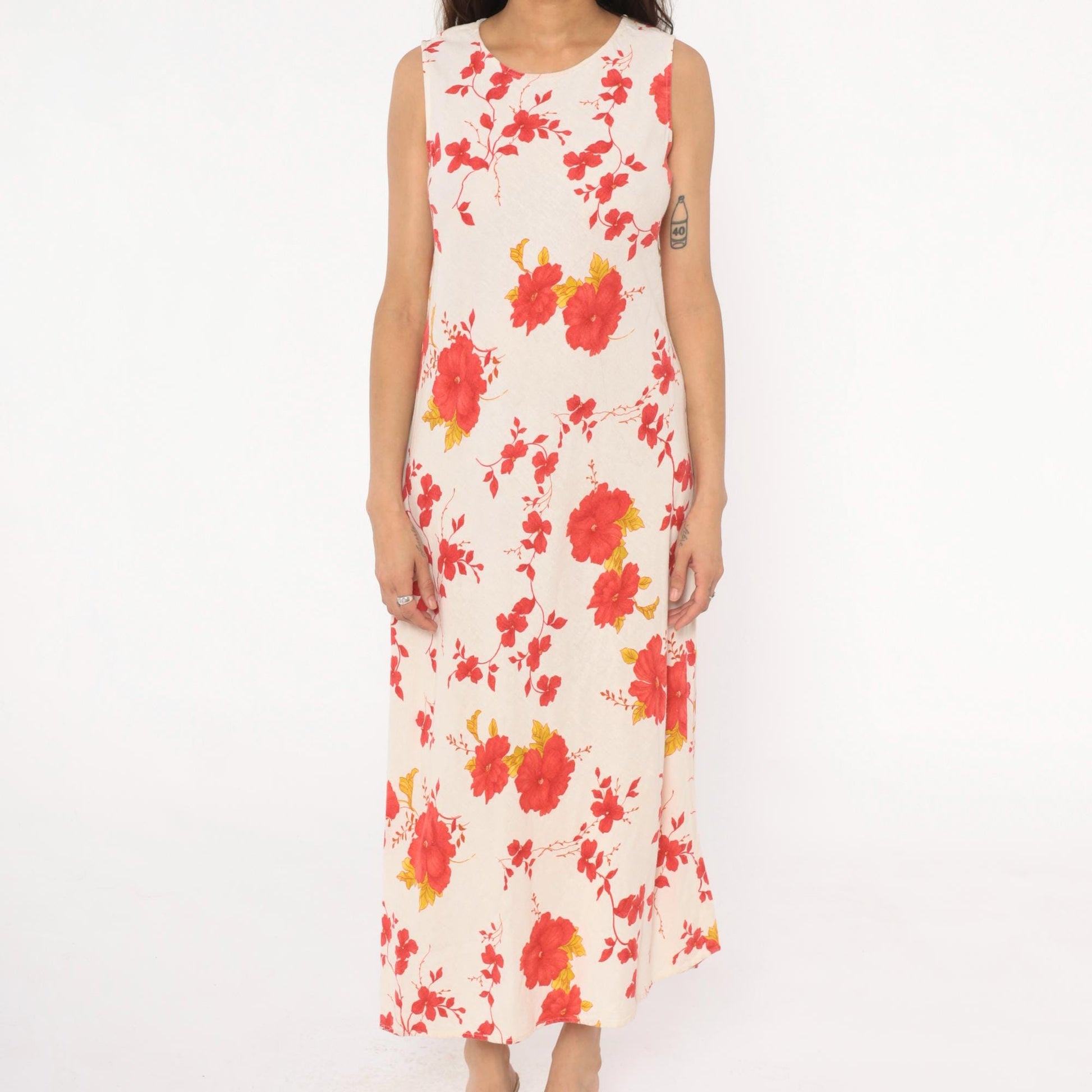 90s Lennie New York Floral Linen Maxi Dress Cream Red Yellow Large L