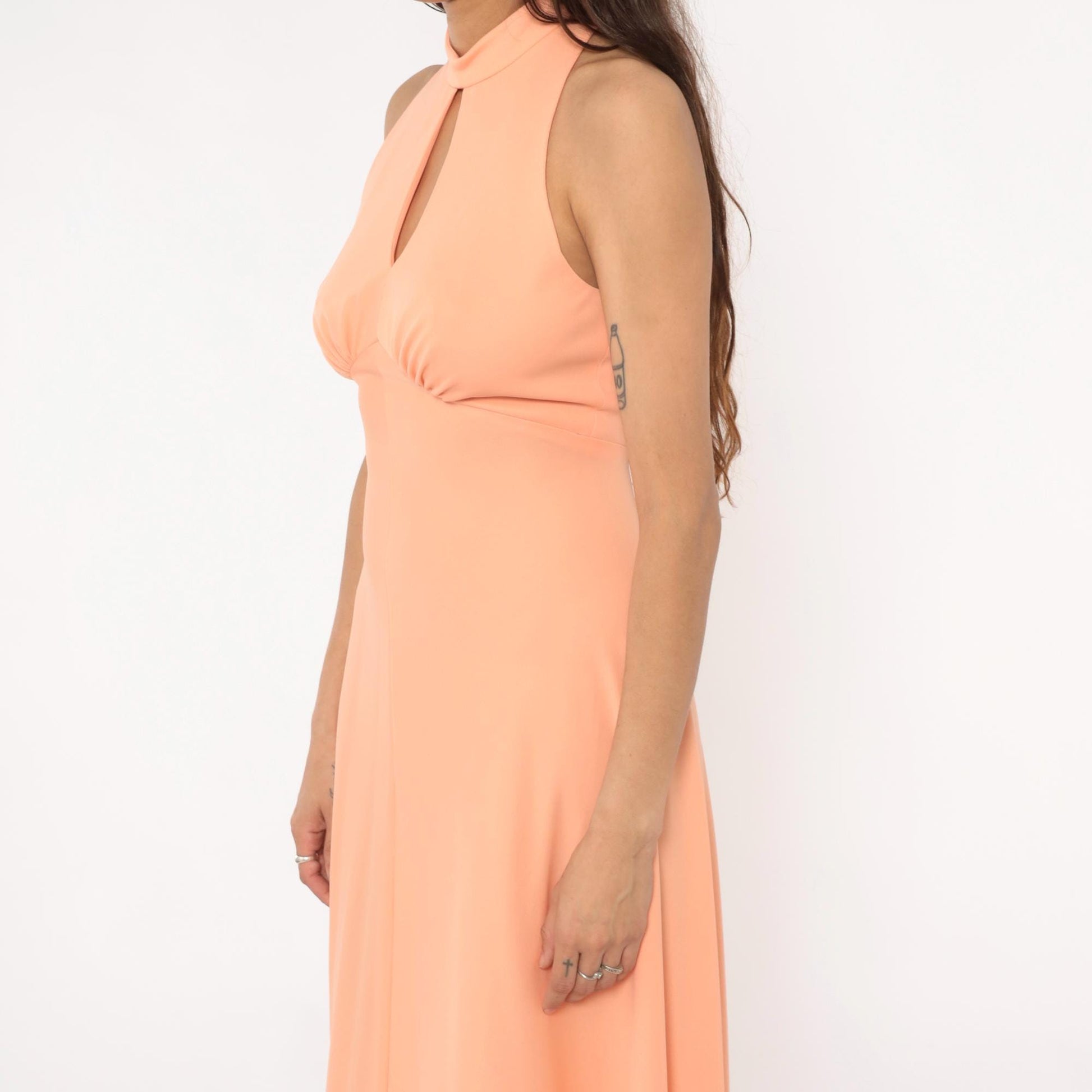 70s Peach Halter Maxi Dress Keyhole Cutout Empire Waist Small