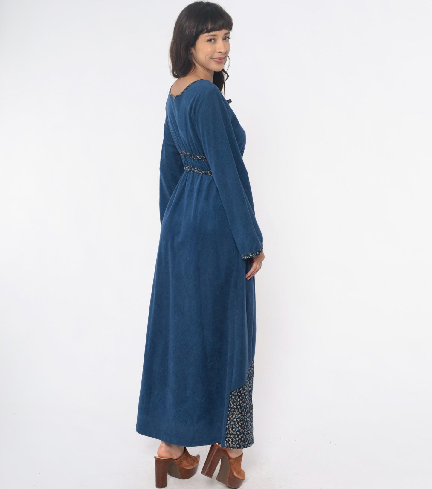 70s Blue Maxi Dress Empire Waist Desert Cactus Appliqué Long Sleeve Medium