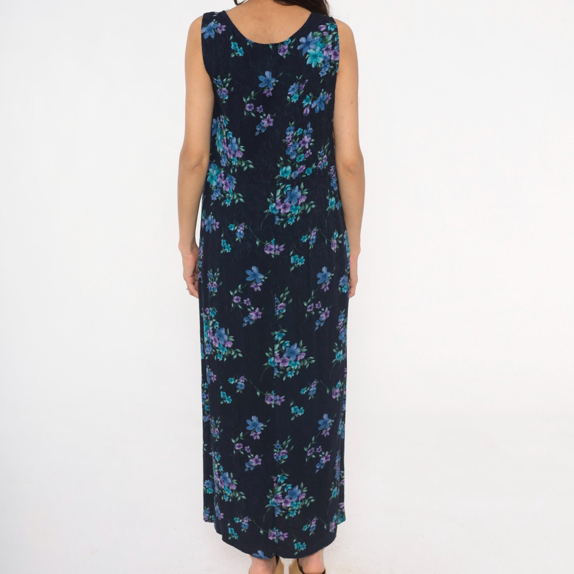 90s Karin Stevens Floral Maxi Dress Dark Blue Purple Sleeveless Tank Large