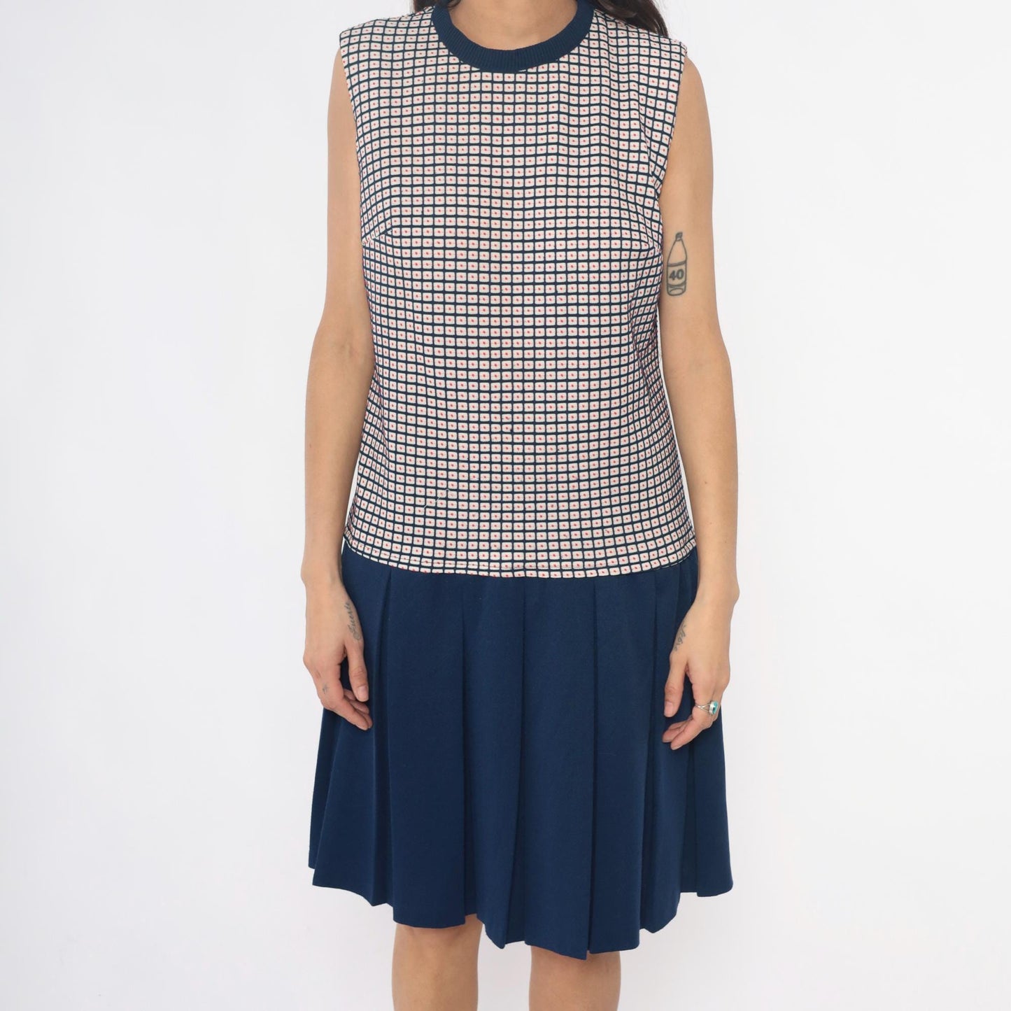 70s Navy Checkered Colorblock Dress Pleated Skirt Sleeveless Large L