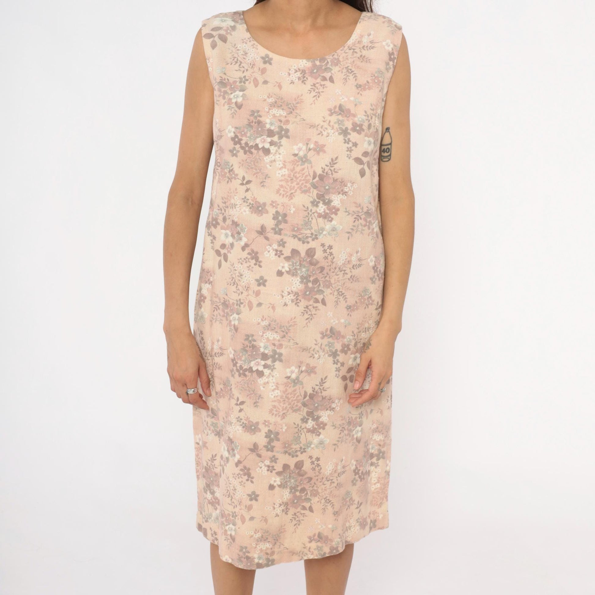 60s Floral Shift Dress Sleeveless Cream Pink Mauve Cotton Medium M