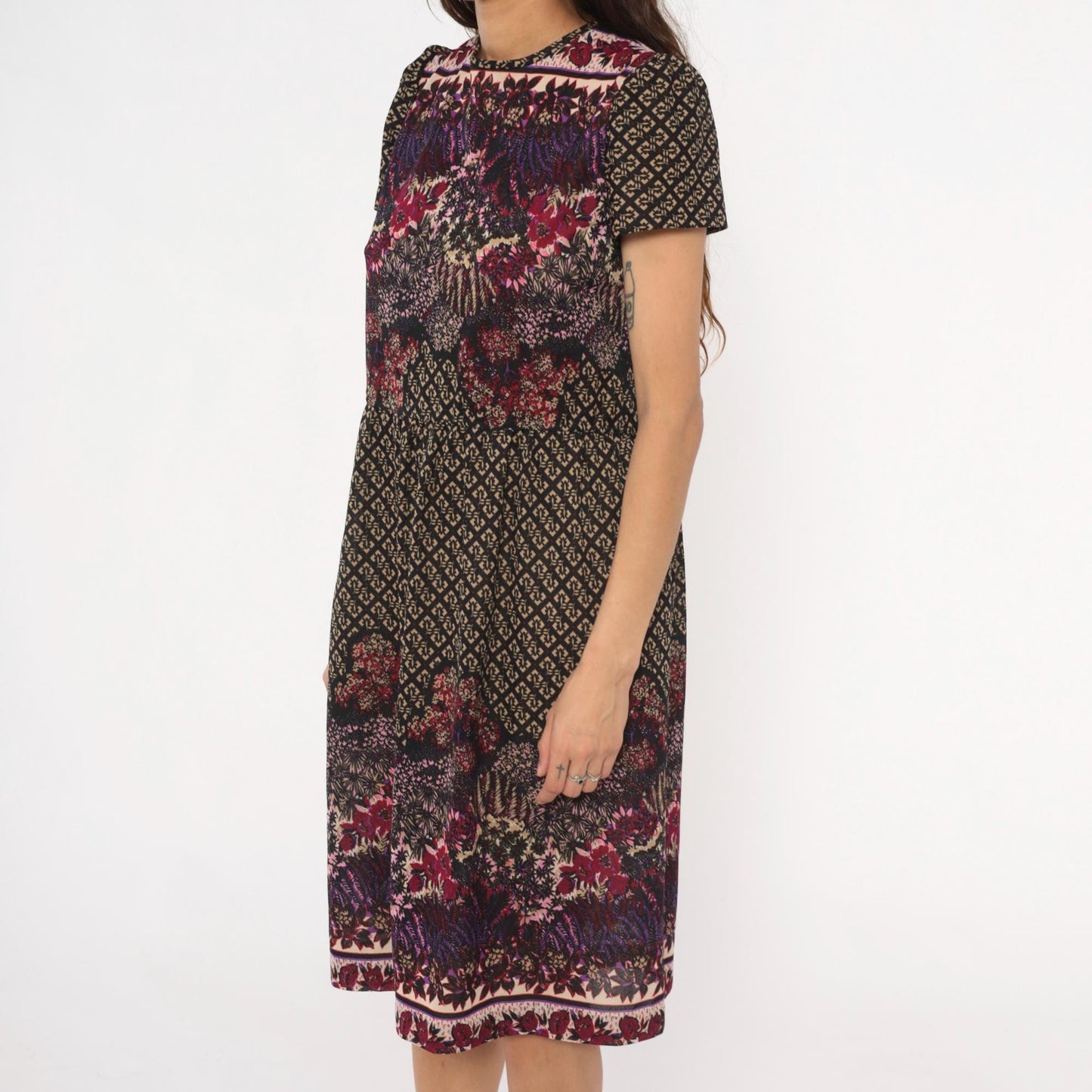 80s Mixed Print Shift Dress Keyhole Back Burgundy Purple Pink Black Medium