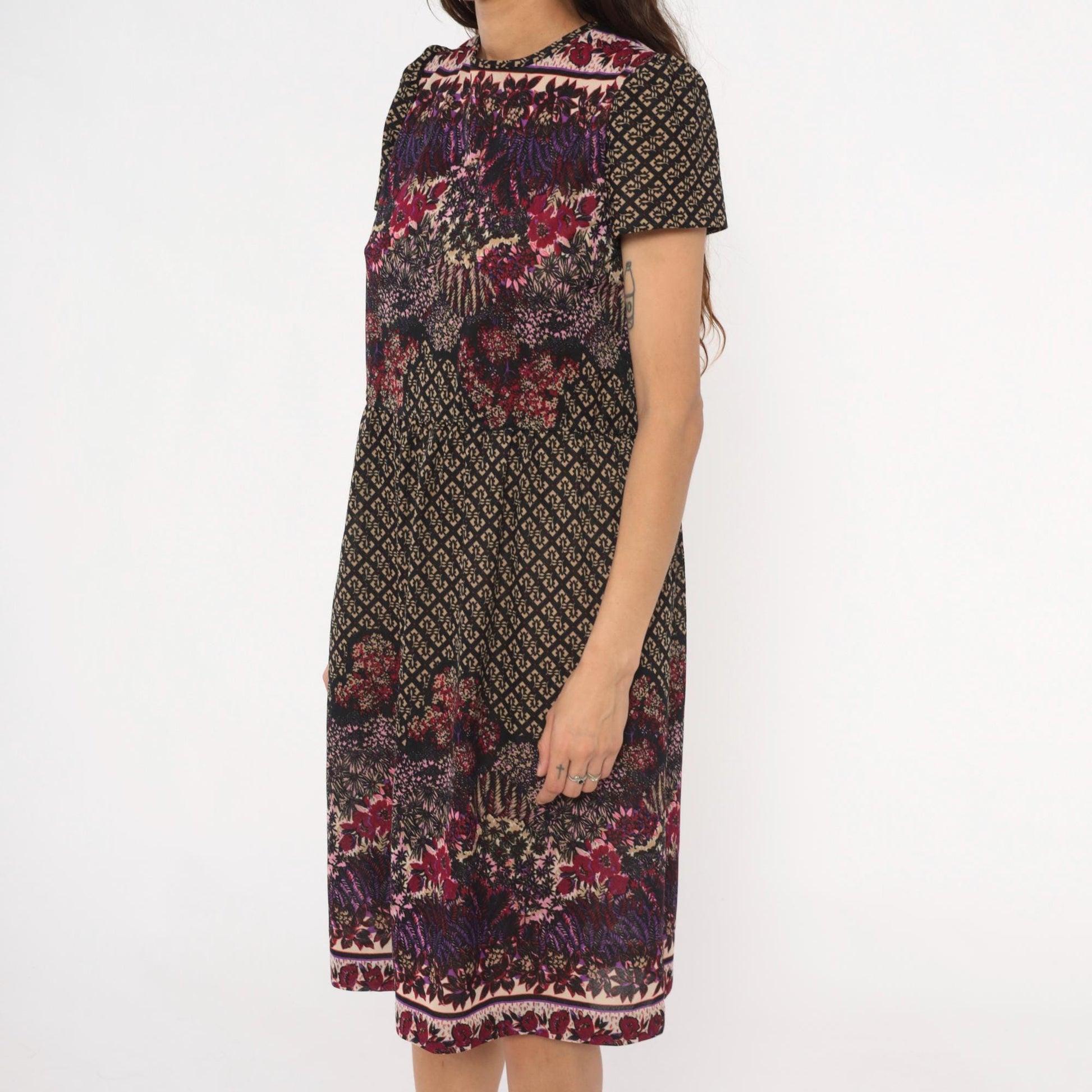 80s Mixed Print Shift Dress Keyhole Back Burgundy Purple Pink Black Medium