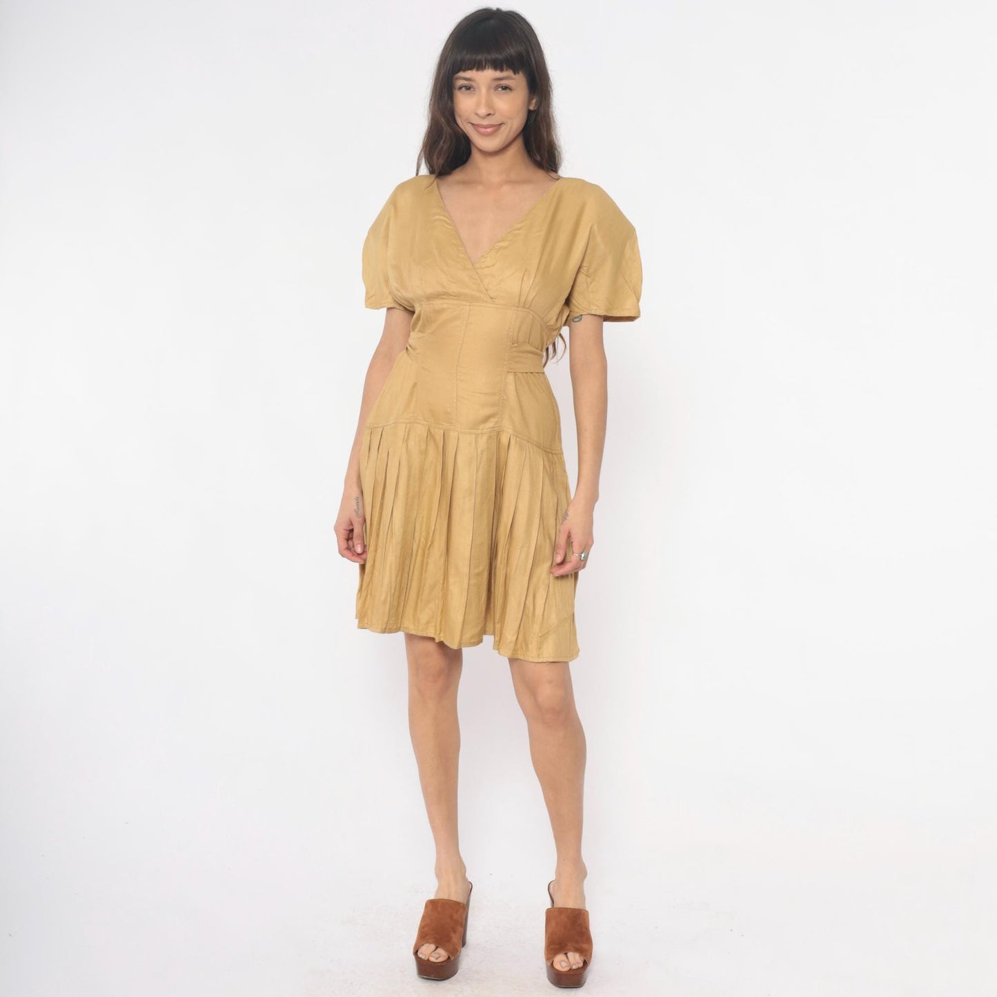 80s Golden Yellow Sundress Puff Sleeve V-Neck Tie Waist Pleated Small S