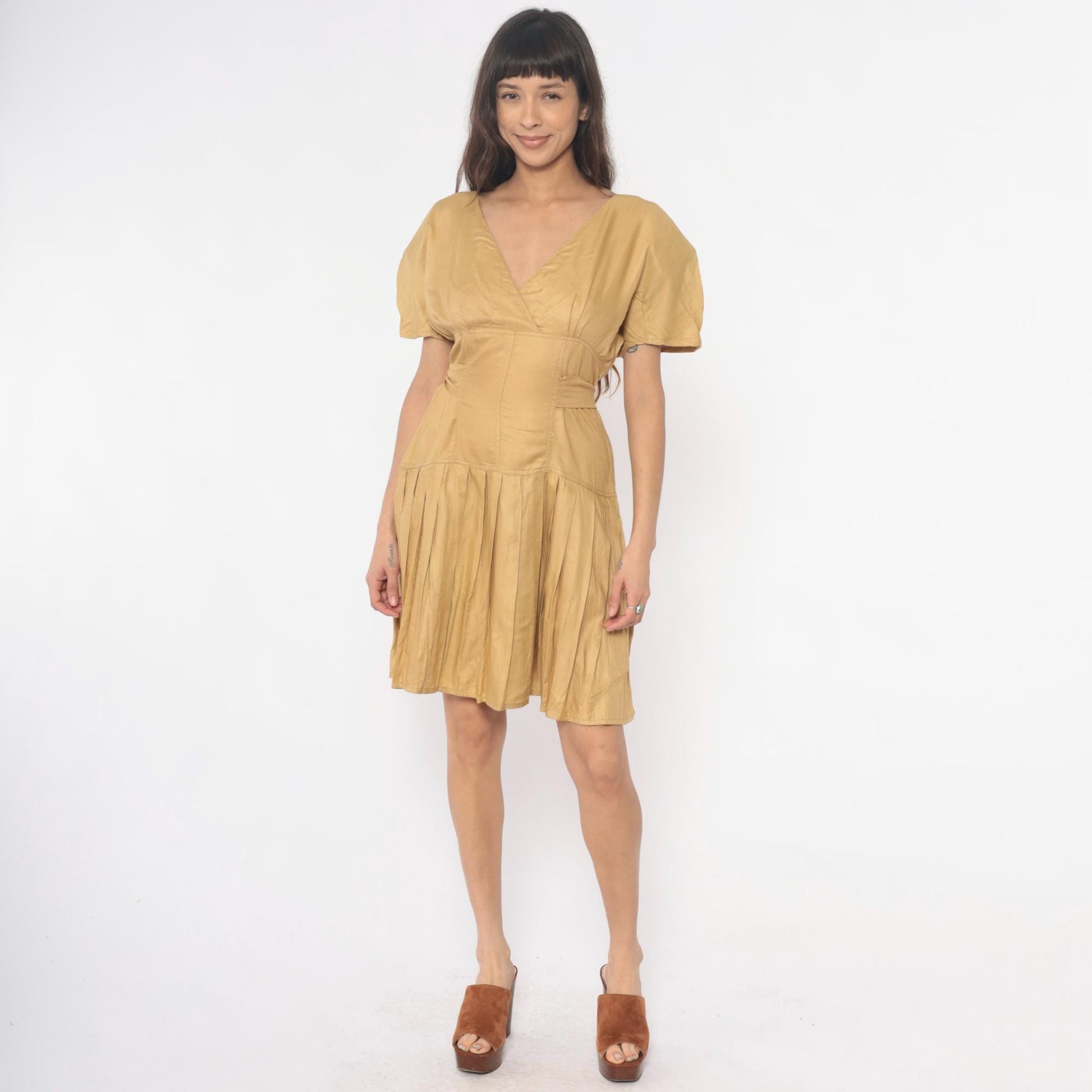 80s Golden Yellow Sundress Puff Sleeve V-Neck Tie Waist Pleated Small S