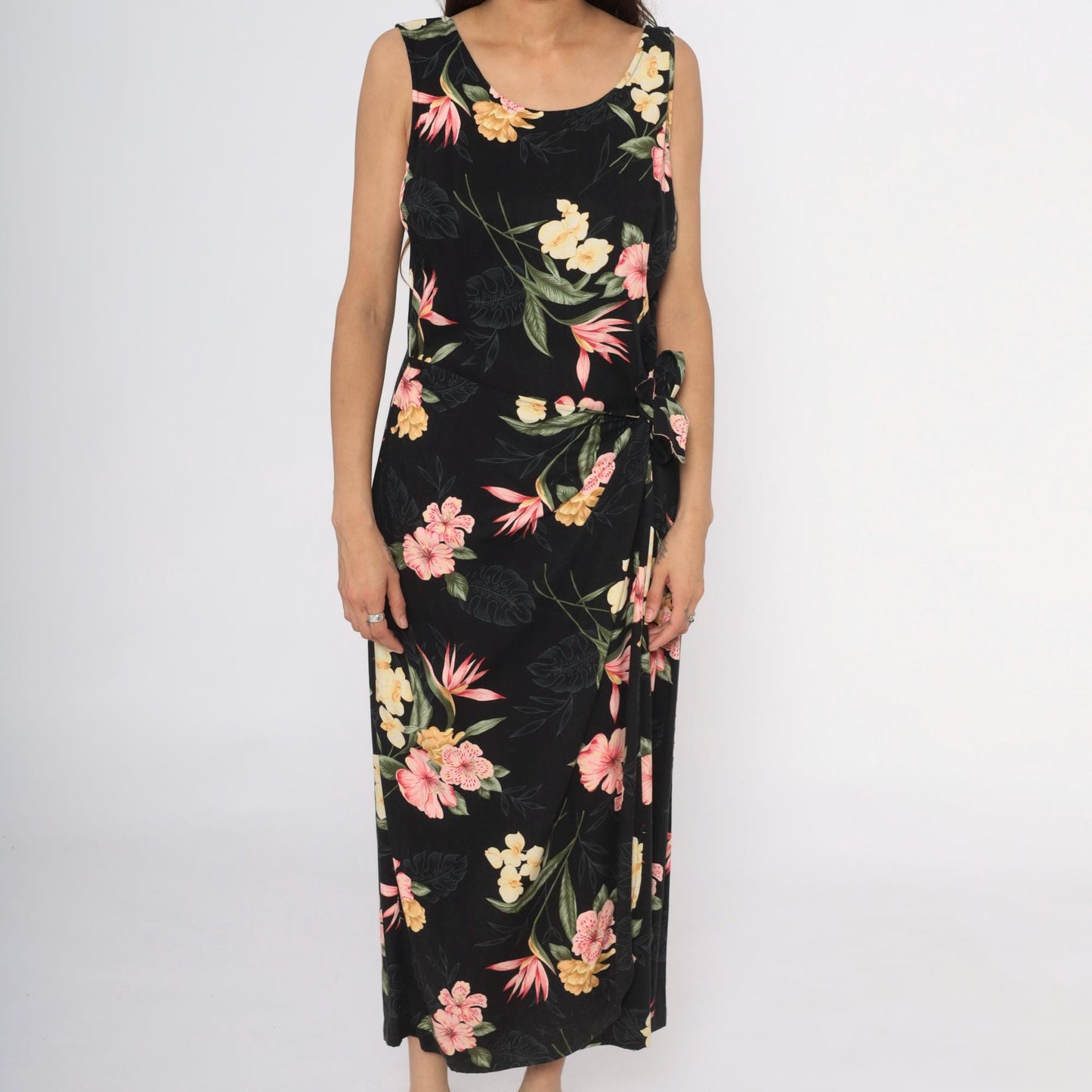 90s Caribbean Joe Black Floral Maxi Dress Tropical Print Sleeveless Large L
