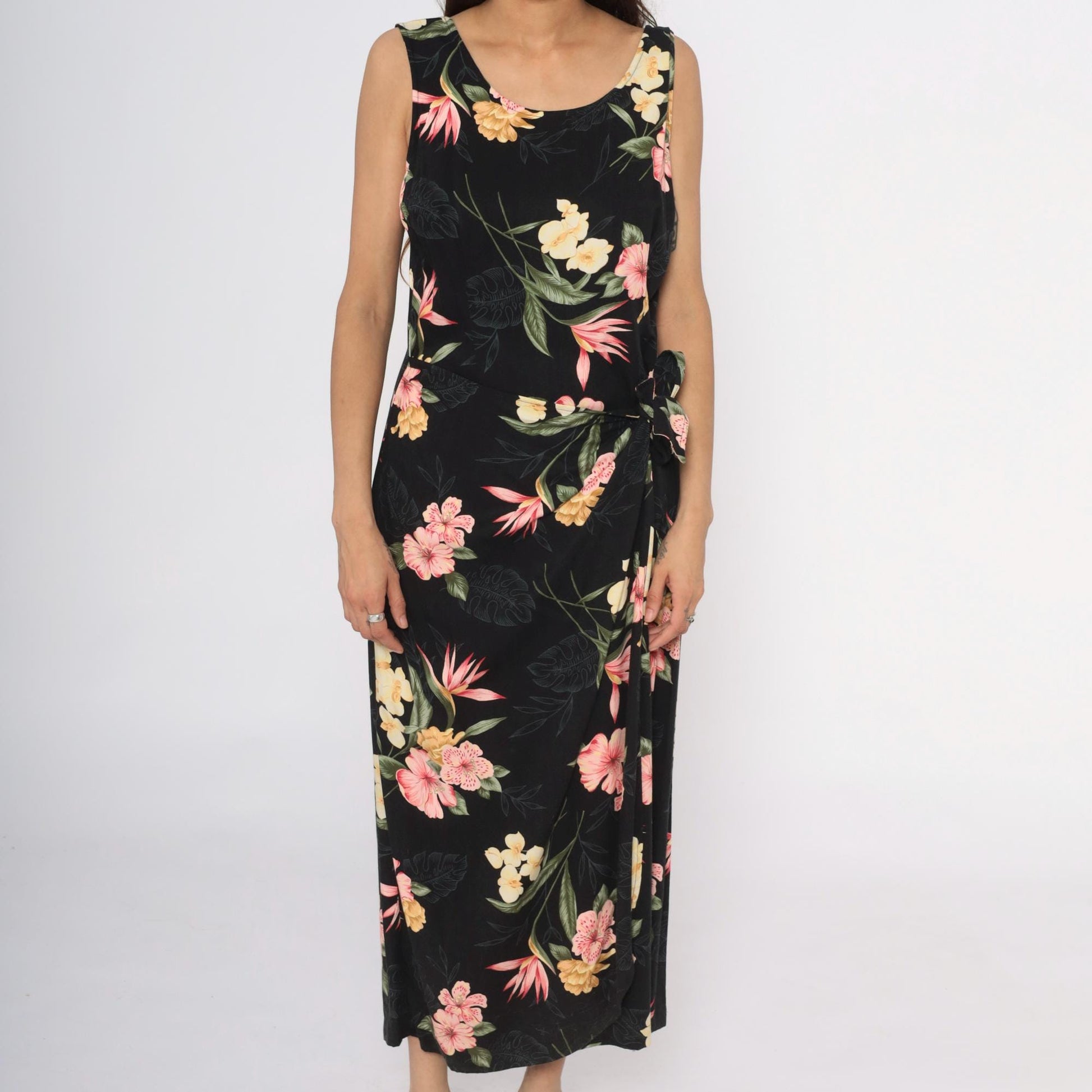 90s Caribbean Joe Black Floral Maxi Dress Tropical Print Sleeveless Large L